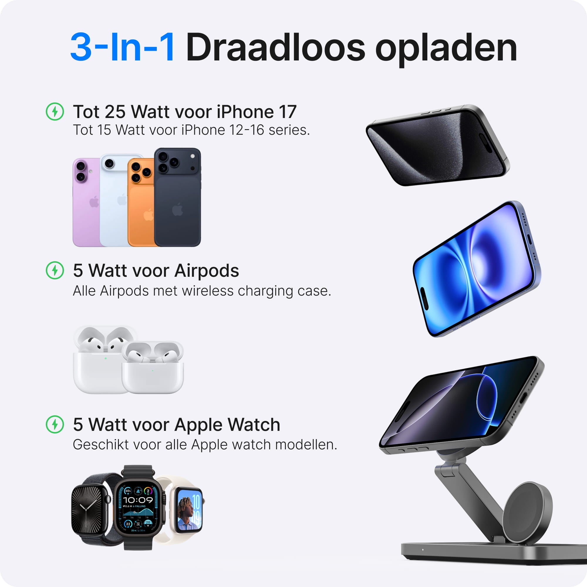 Voomy Wireless W3S Qi2.2 – 3-in-1 Draadloze Oplader 25W – Opvouwbaar – Incl. Adapter – Zwart