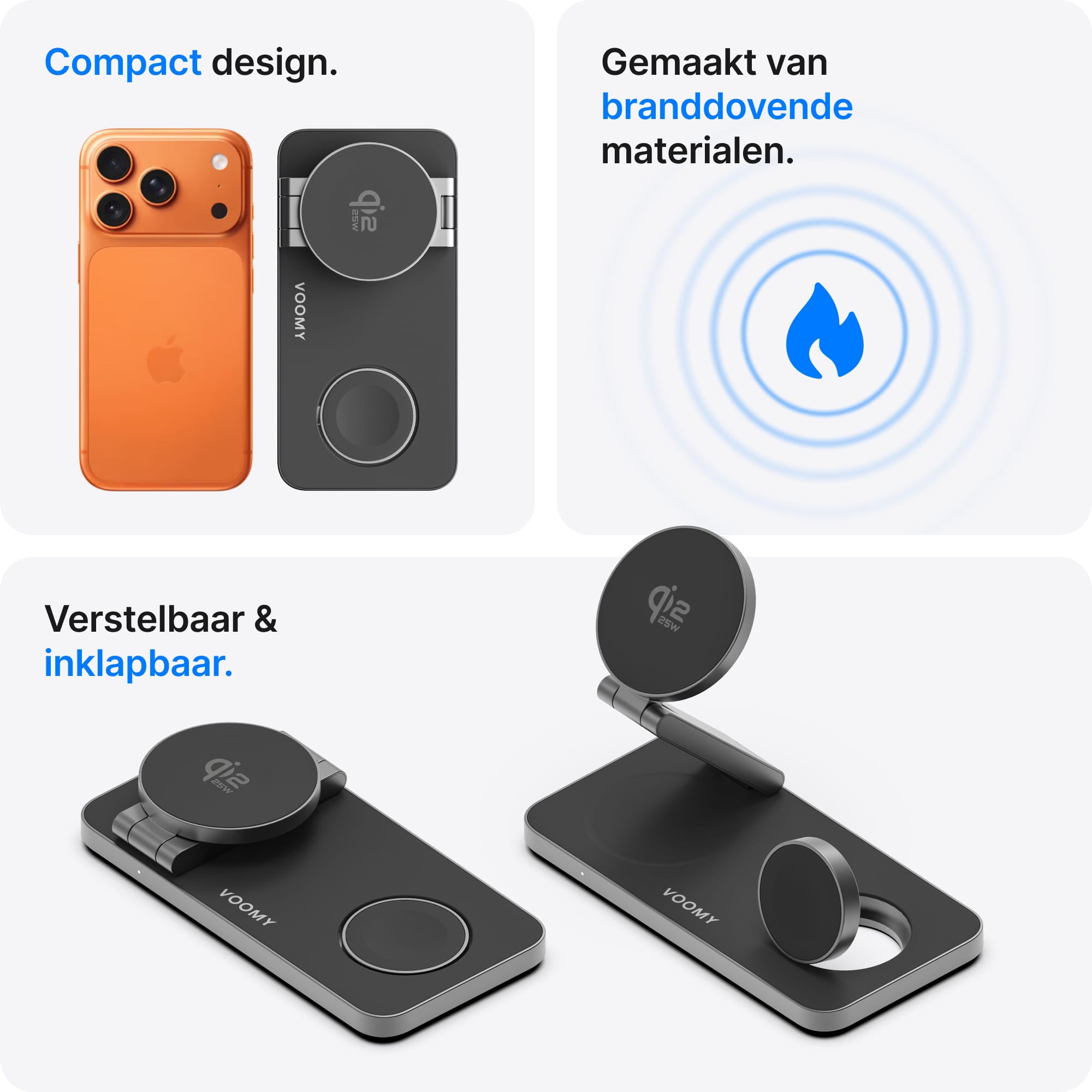 Voomy Wireless W3S Qi2.2 – 3-in-1 Draadloze Oplader 25W – Opvouwbaar – Incl. Adapter – Zwart