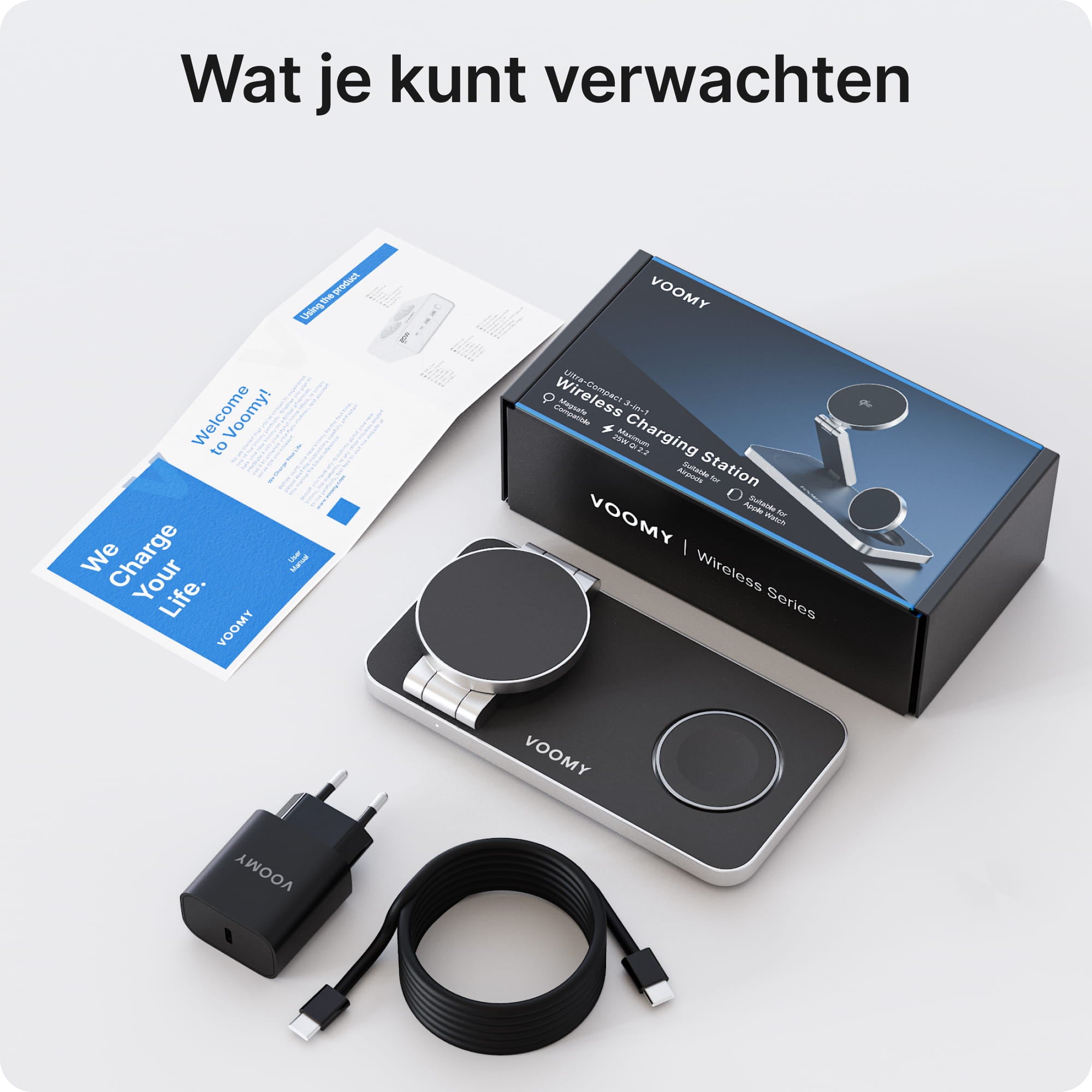 Voomy Wireless W3S Qi2.2 – 3-in-1 Draadloze Oplader 25W – Opvouwbaar – Incl. Adapter – Zwart