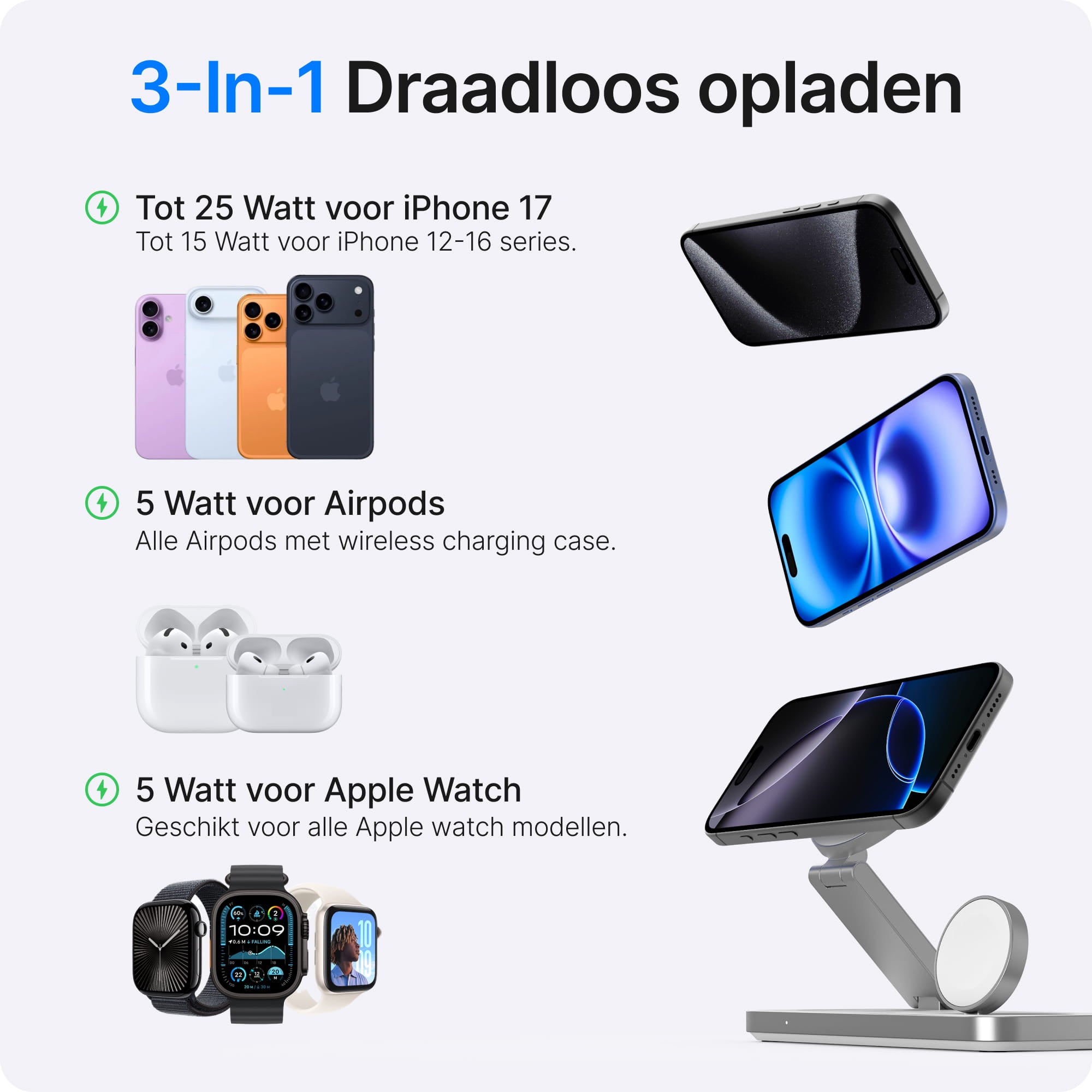 Voomy Wireless W3S Qi2.2 – 3-in-1 Draadloze Oplader 25W – Opvouwbaar – Incl. Adapter – Wit