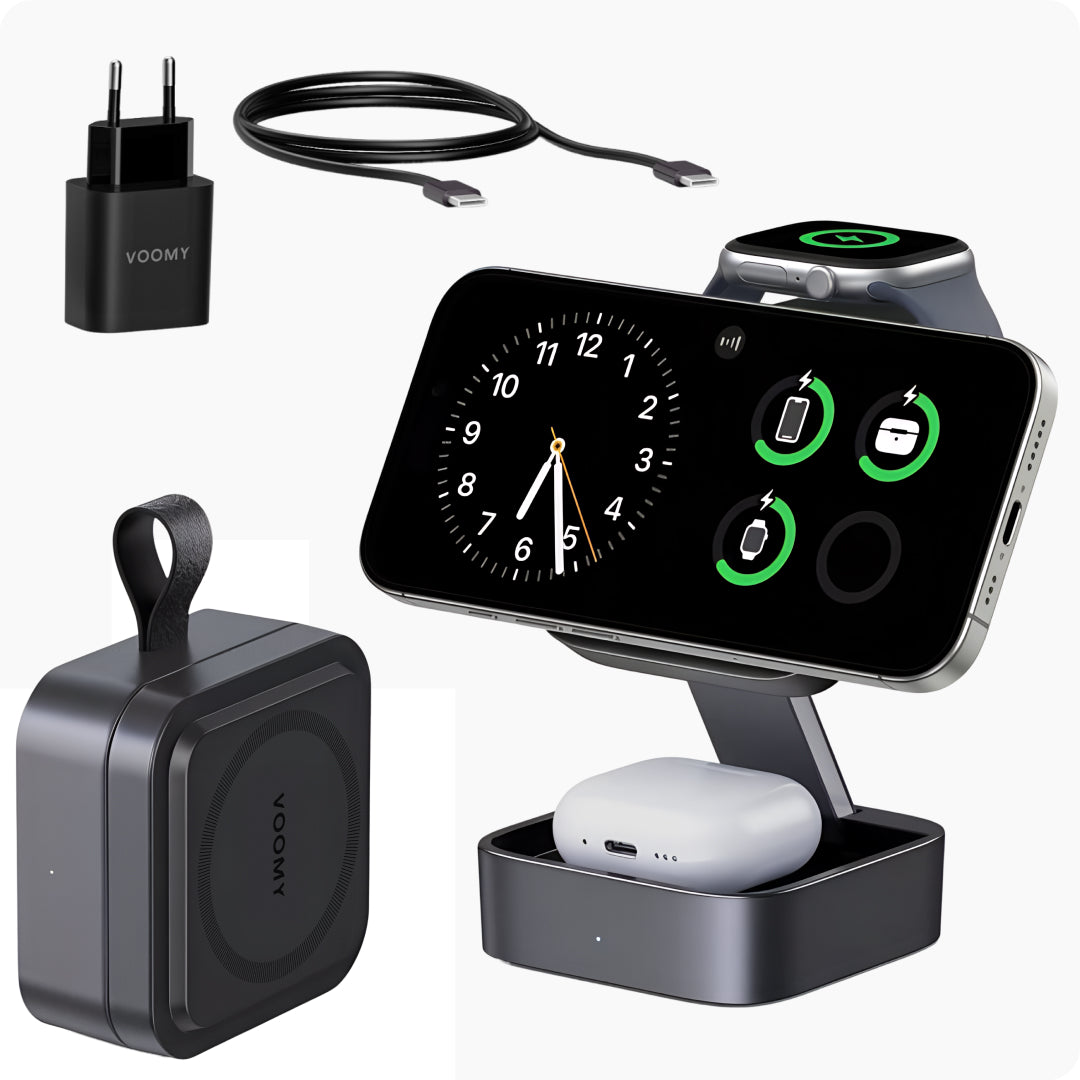 Voomy Wireless W4 – 3-in-1 Opvouwbare Draadloze Oplader met MagSafe - Zwart