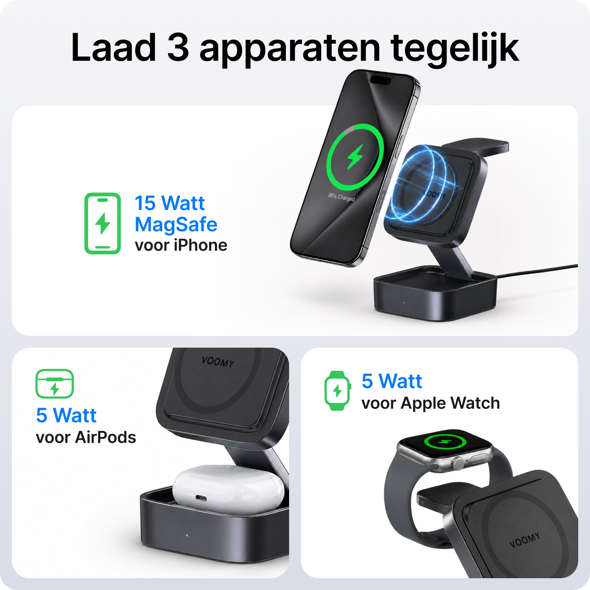 Voomy Wireless W4 – 3-in-1 Opvouwbare Draadloze Oplader met MagSafe - Zwart
