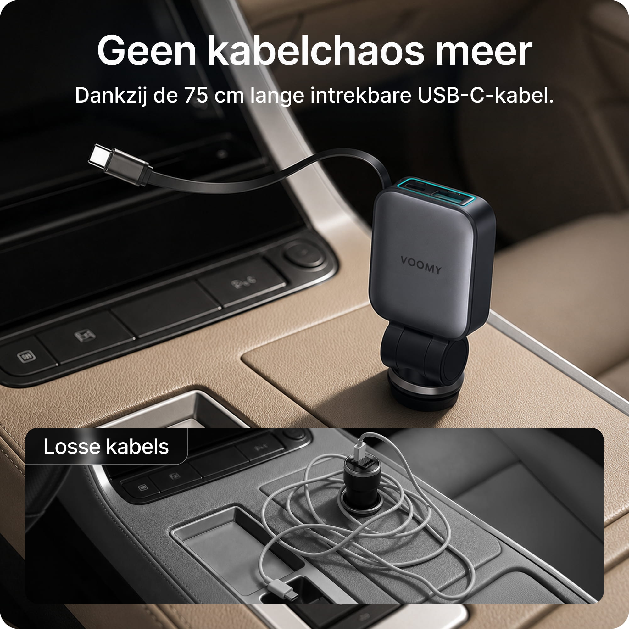 Voomy Charge A1 - 3-in-1 Autolader 72W - 1 ingebouwde USB-C kabel