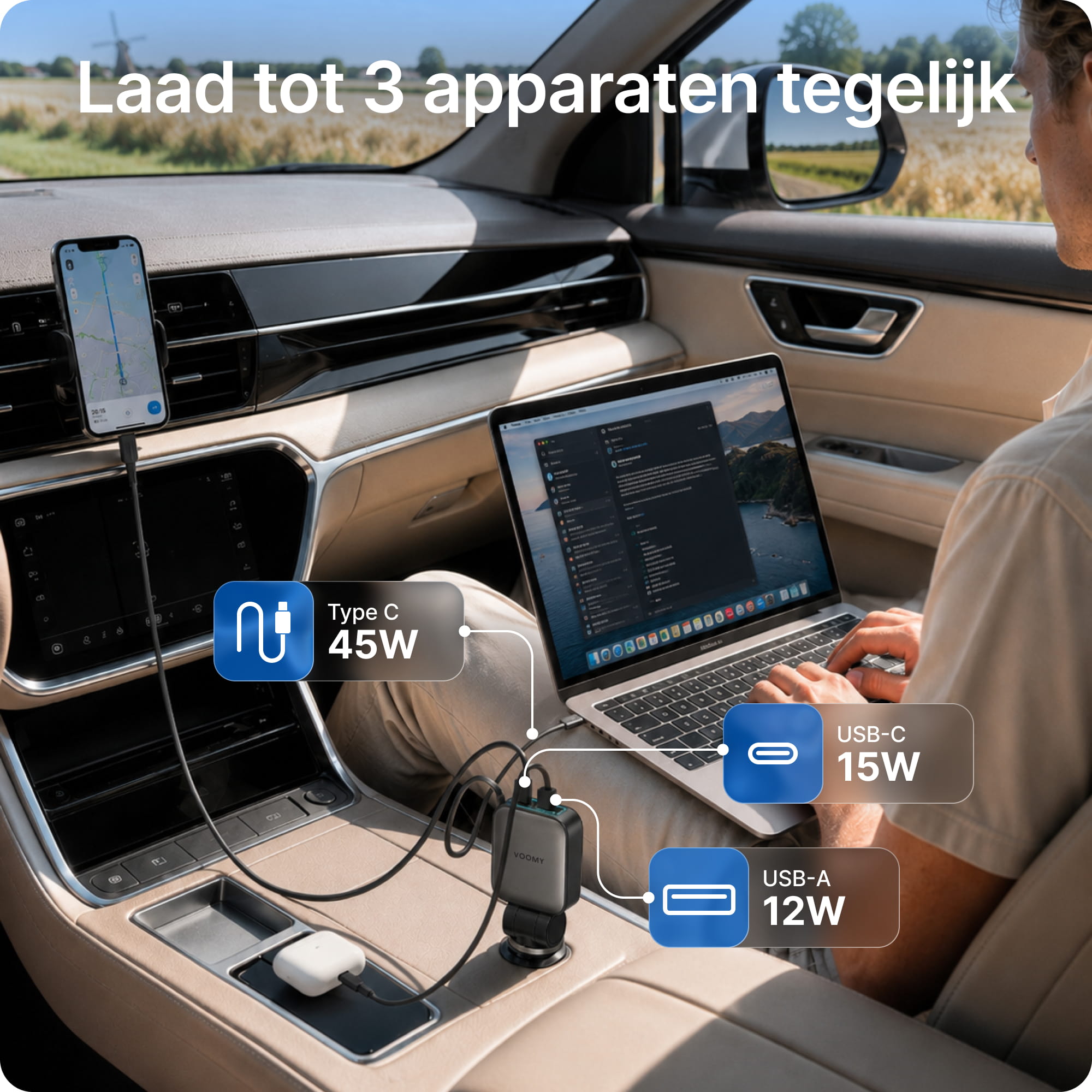 Voomy Charge A1 - 3-in-1 Autolader 72W - 1 ingebouwde USB-C kabel