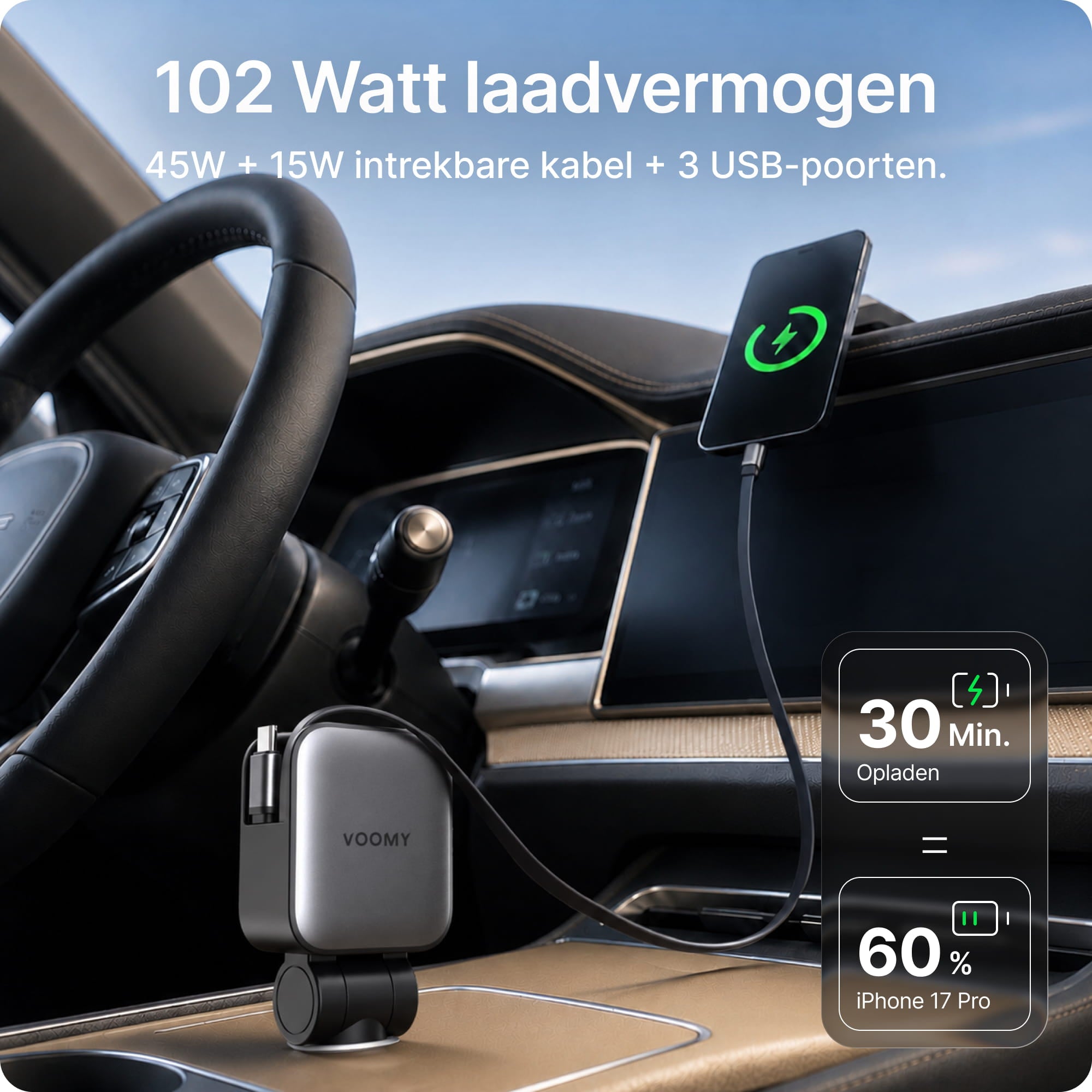 Voomy Charge A2 - 5-in-1 Autolader 102W - 2 ingebouwde USB-C kabels