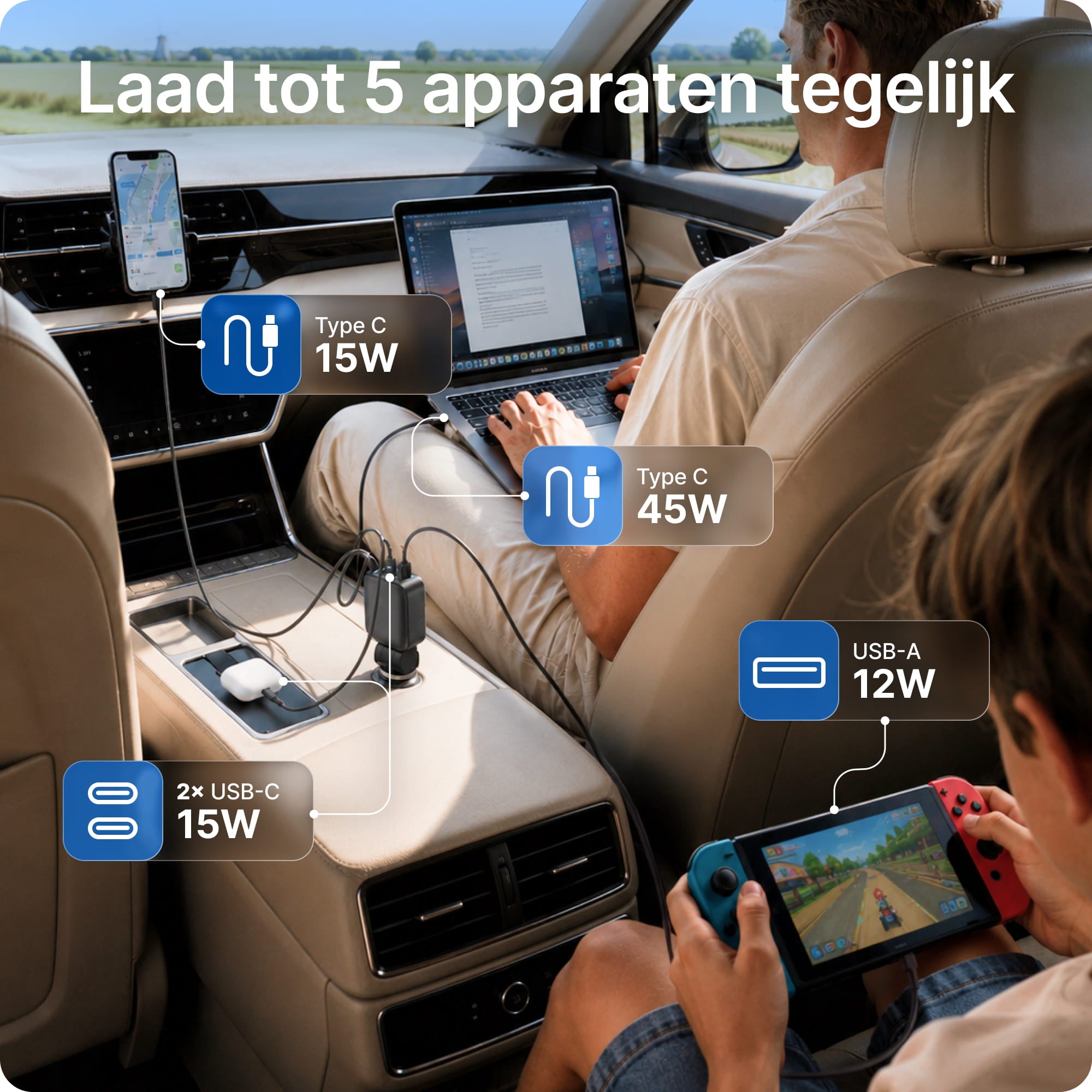 Voomy Charge A2 - 5-in-1 Autolader 102W - 2 ingebouwde USB-C kabels