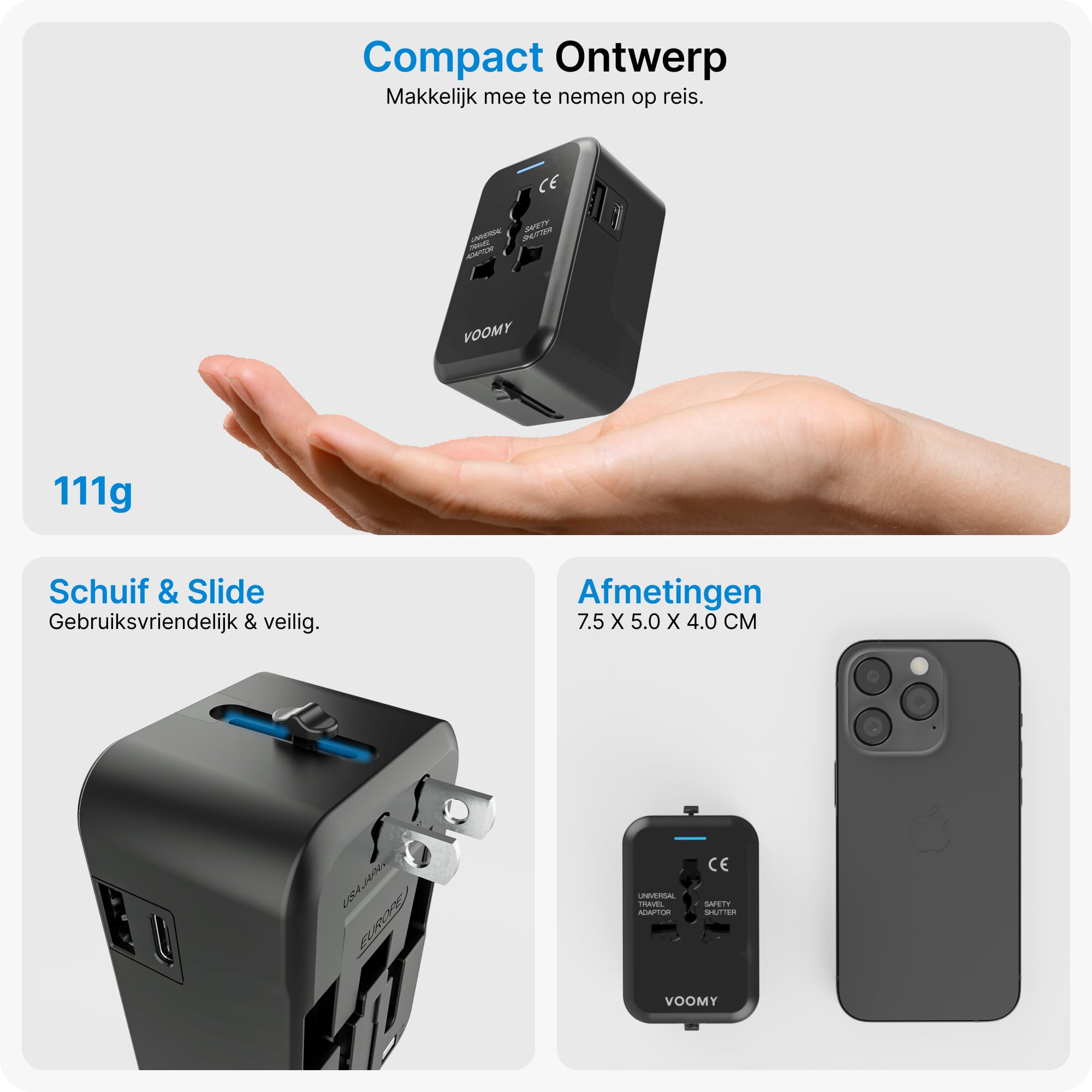 Voomy Travel Y10 - Reisstekker Wereld - 150+ Landen - 2 USB Poorten - Wereldstekker - Zwart