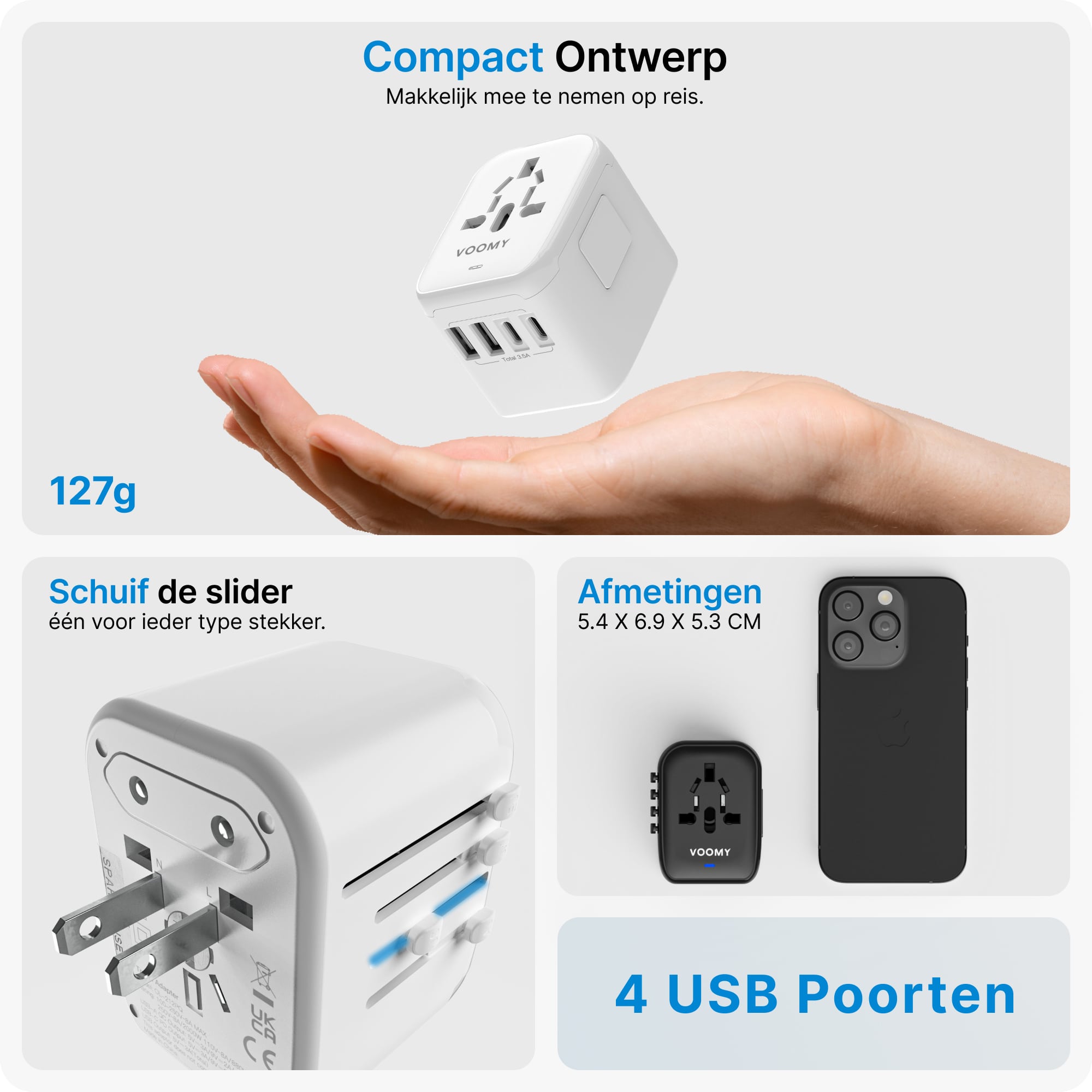 Voomy Travel Y25 - Reisstekker Wereld - 170+ Landen - 2 USB-A & 2 USB-C - Wereldstekker Universeel - Wit