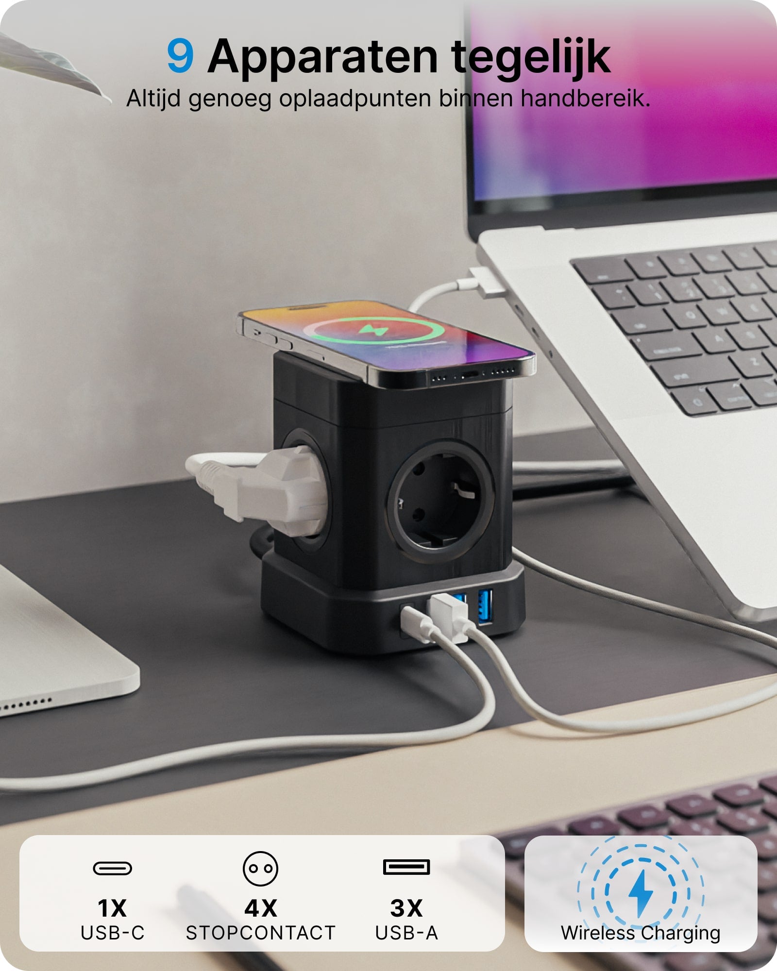 Voomy Power Cube S6-W - Stekkerdoos met draadloos opladen 1 USB-C & 3 USB-A 4000W Zwart