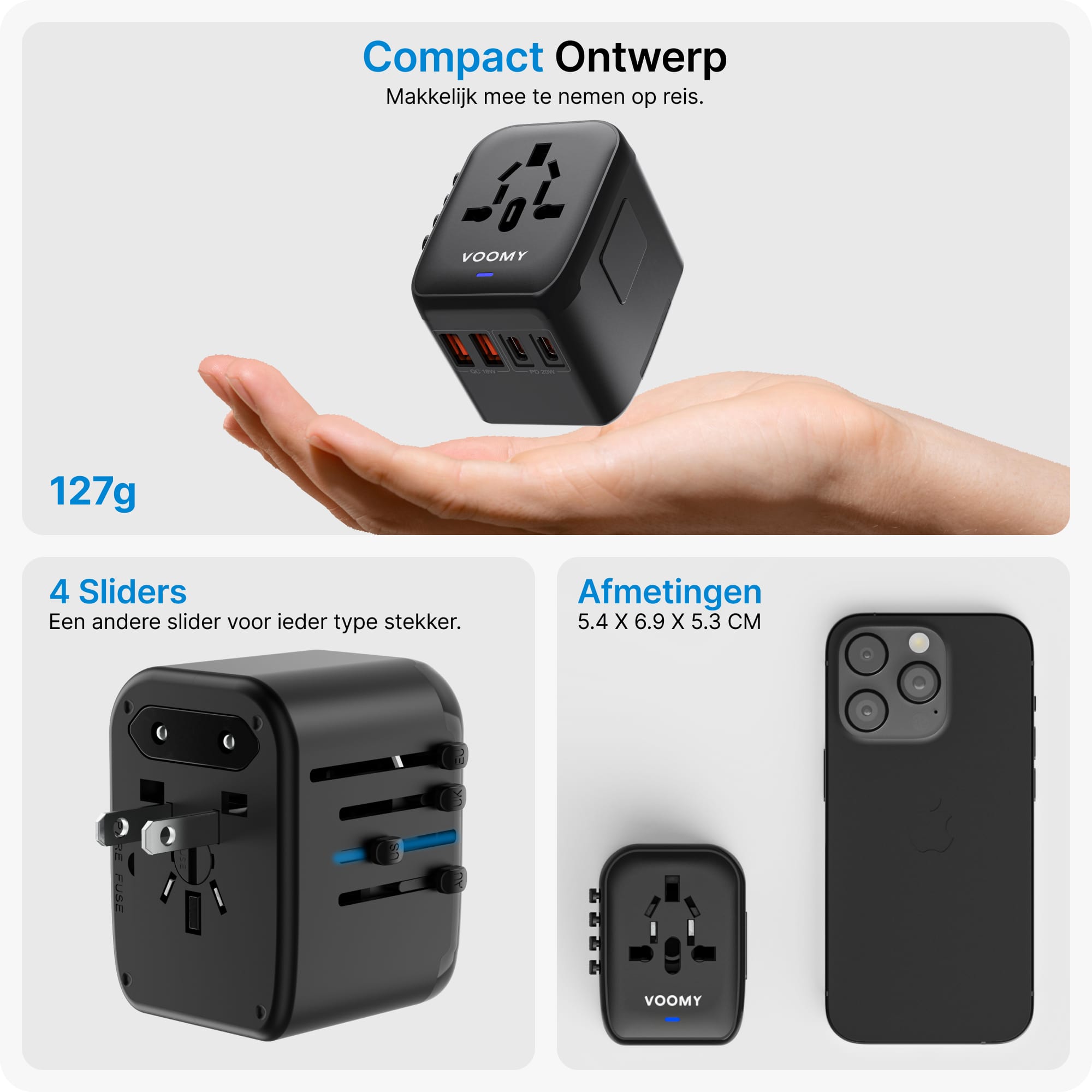 Voomy Travel Y26 - Reisstekker Wereld - 170+ Landen - 20W Snellader - 2 USB-A 2 USB-C PD poorten - Wereldstekker - Zwart