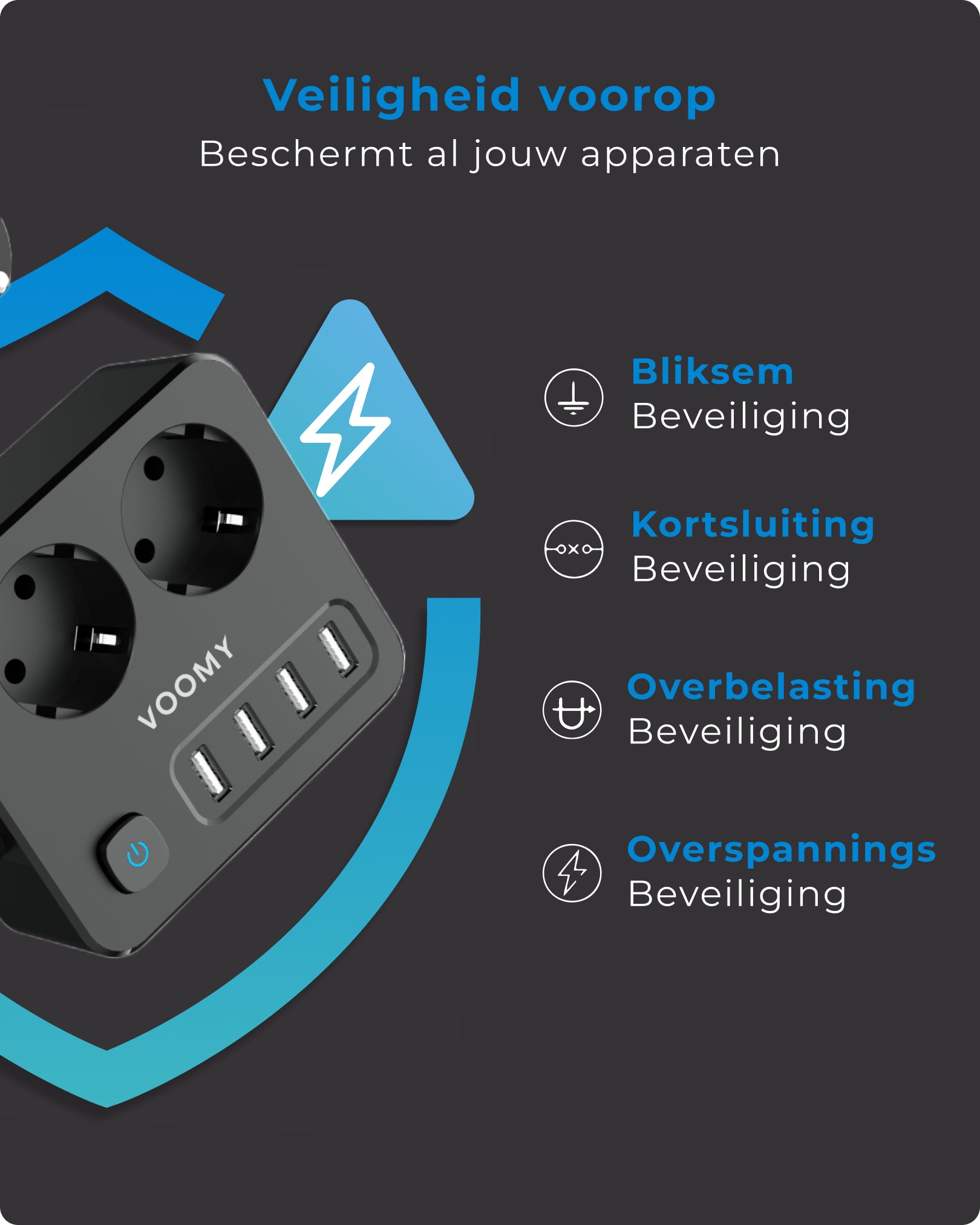Voomy Power S2 - Stekkerdoos - 4 USB-A & 2 EU - Zwart