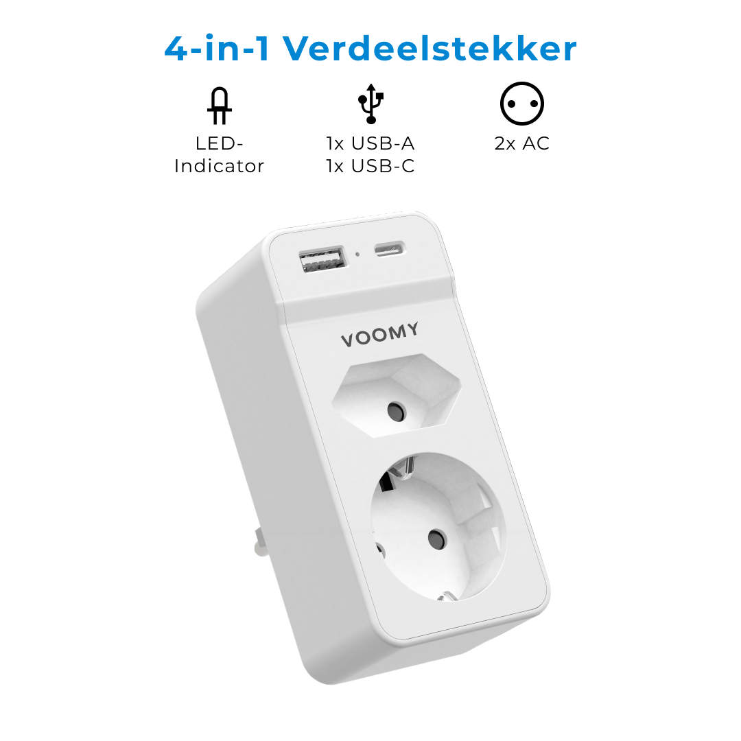 Voomy Split X2S - Verdeelstekker 1 USB-A 1 USB-C & 2 EU - Wit