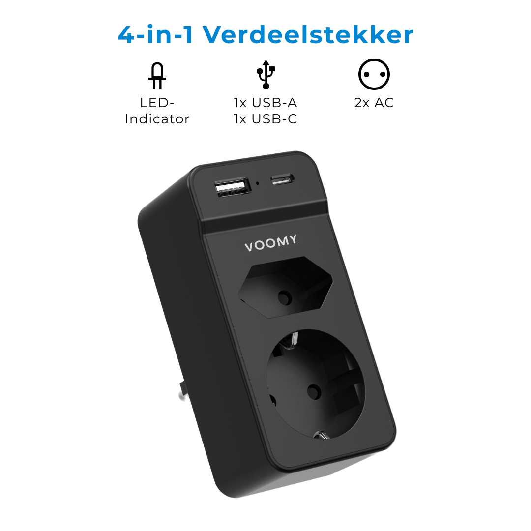 Voomy Split X2S - Verdeelstekker 1 USB-A 1 USB-C & 2 EU - Zwart