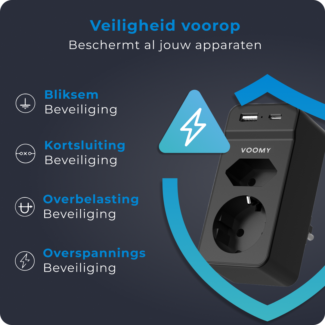 Voomy Split X2S - Verdeelstekker 1 USB-A 1 USB-C & 2 EU - Zwart