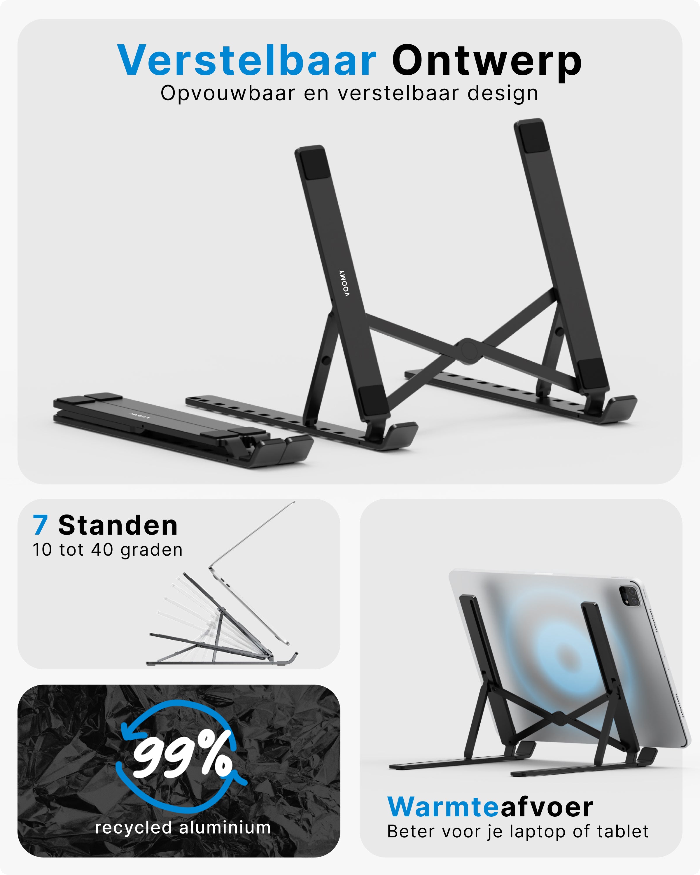 Voomy ECO T5 - Laptop Standaard - Recycled Aluminium - Zwart