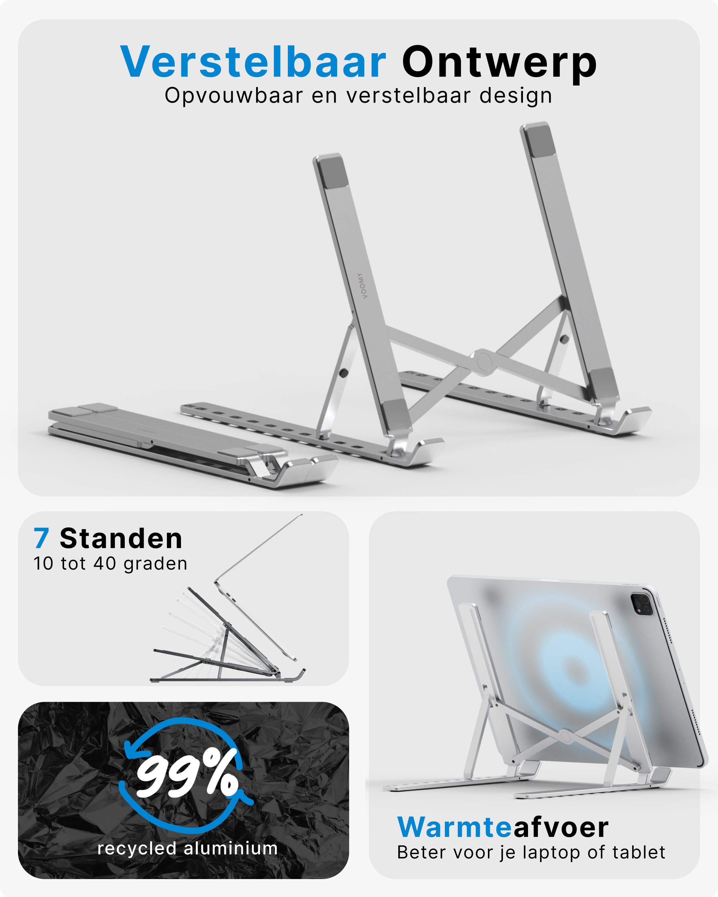 Voomy ECO T5 - Laptop Standaard - Recycled Aluminium - Zilver