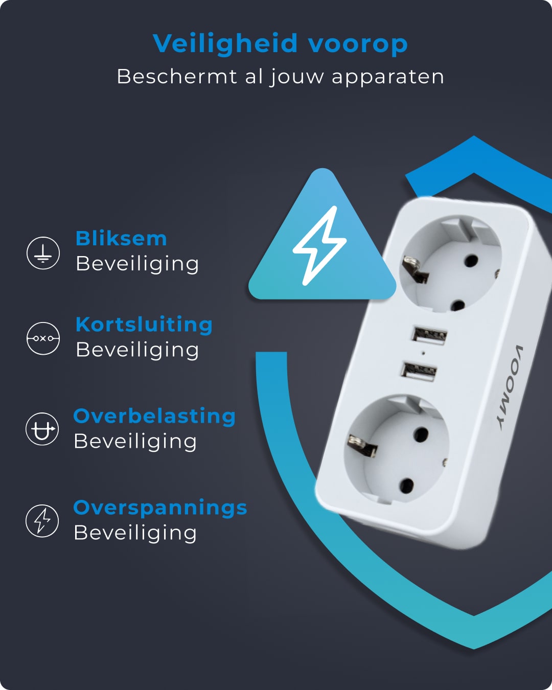 Voomy Split X2 - Verdeelstekker - 2 USB-A & 2 EU - Wit