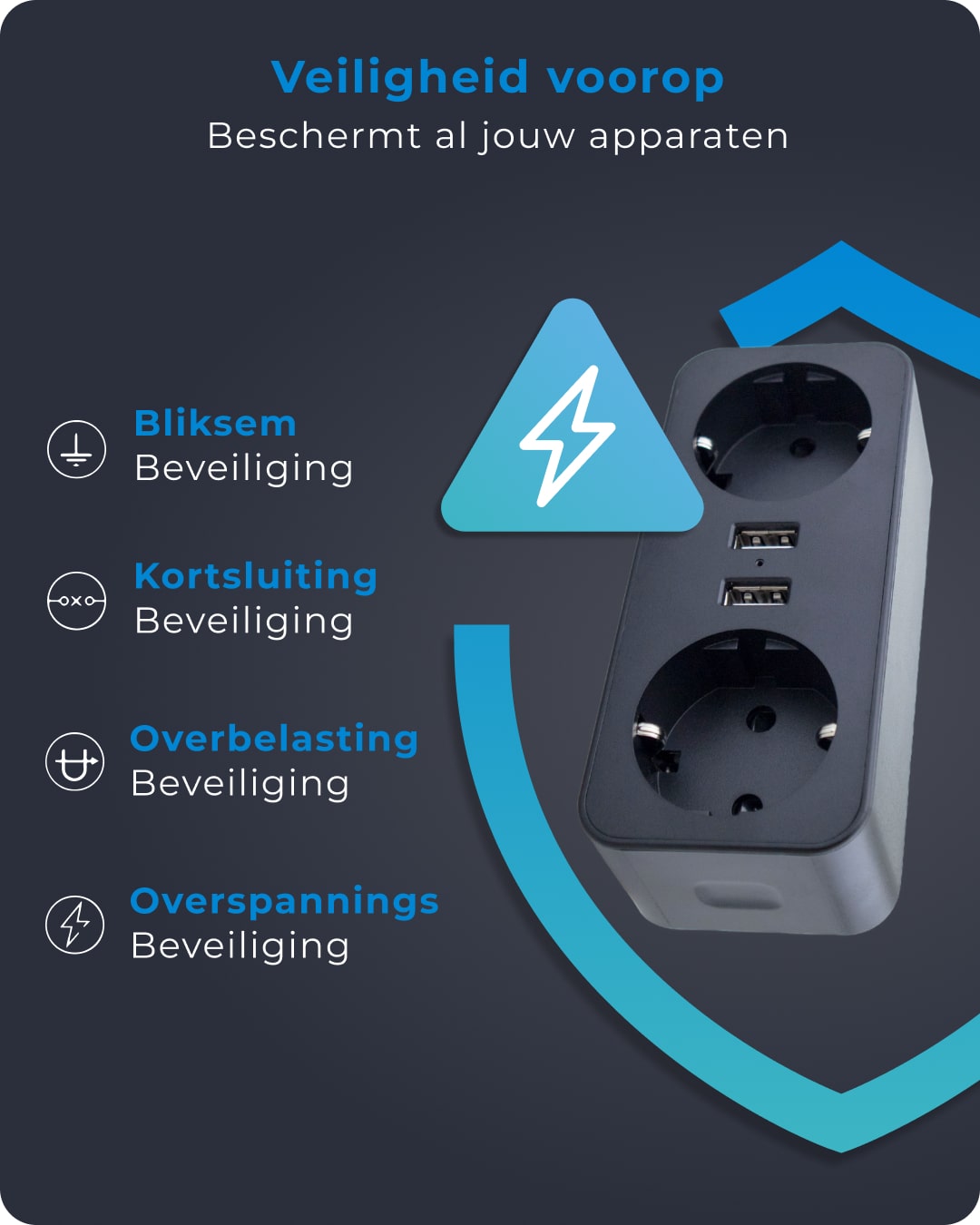 Voomy Split X2 - Verdeelstekker 2 USB-A & 2 EU - Zwart