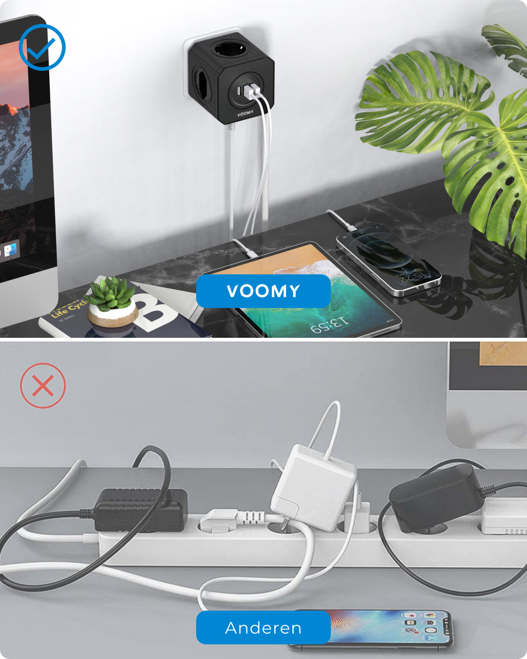 Voomy Split X4S Verdeelstekker 3 USB-A & 4 EU - Zwart