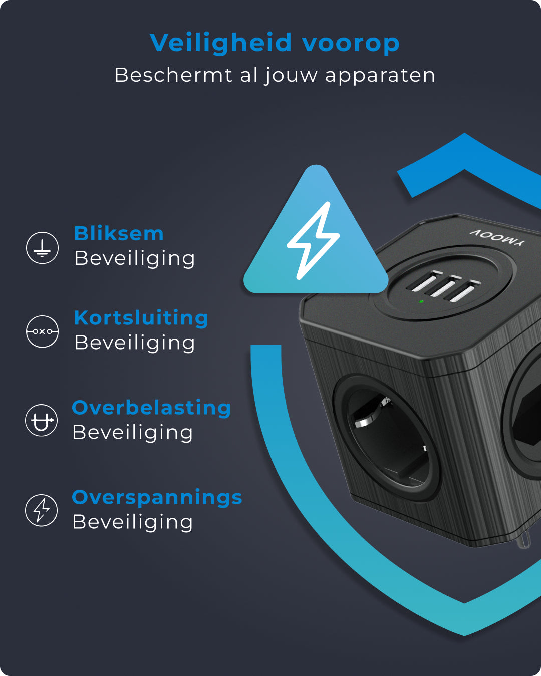 Voomy Split X4S Verdeelstekker 3 USB-A & 4 EU - Zwart