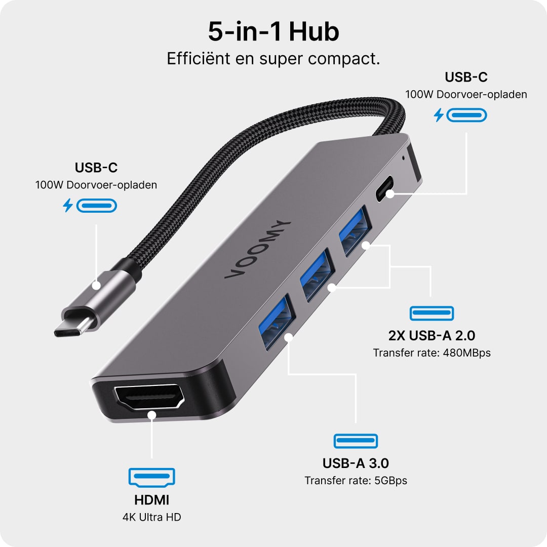 Voomy Connect H5 - 5 in 1 Hub - 4K HDMI - USB-C PD 3.0 100W