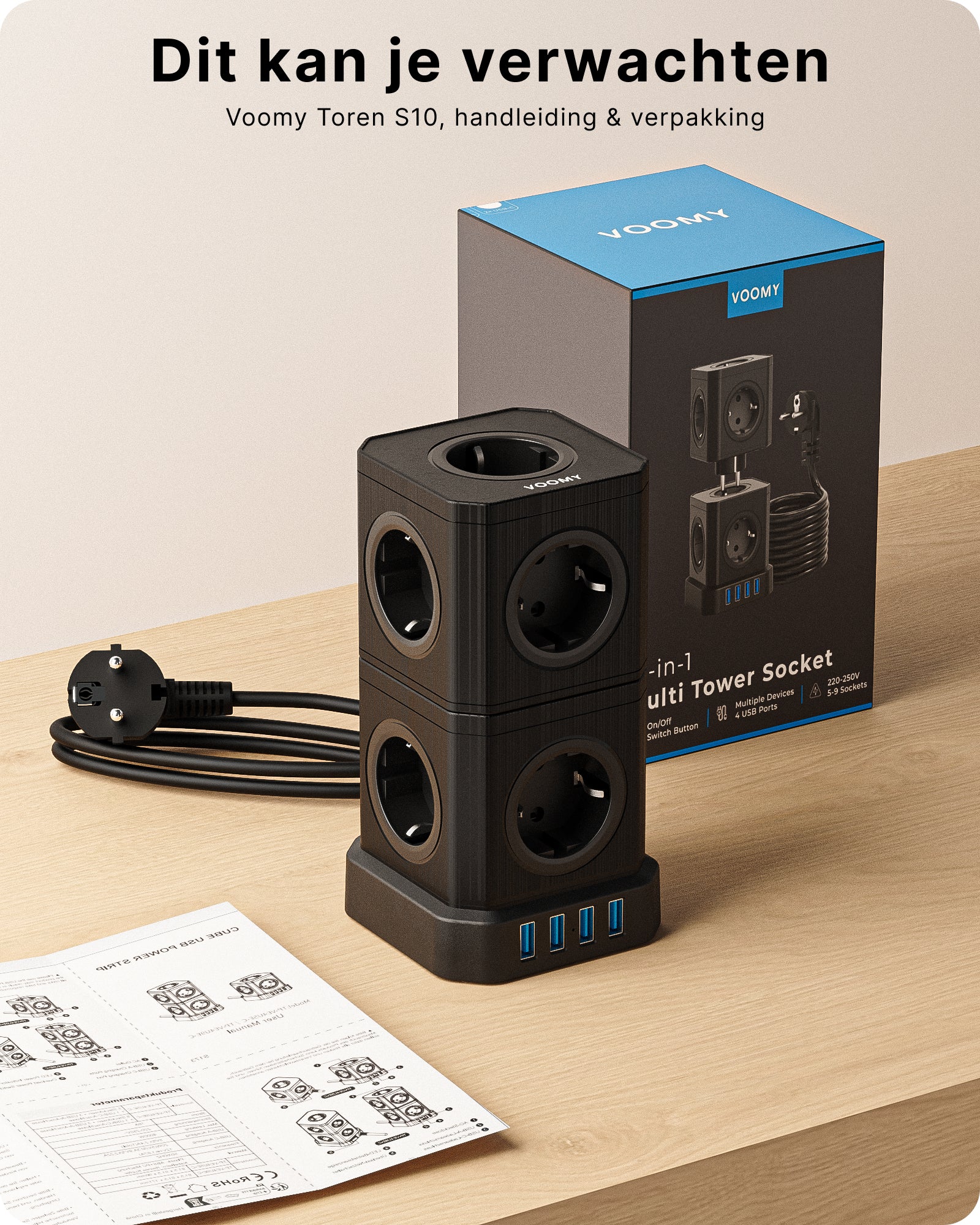 Voomy Power S10 - Cube Toren Stekkerdoos 4 USB A & 5/10 EU