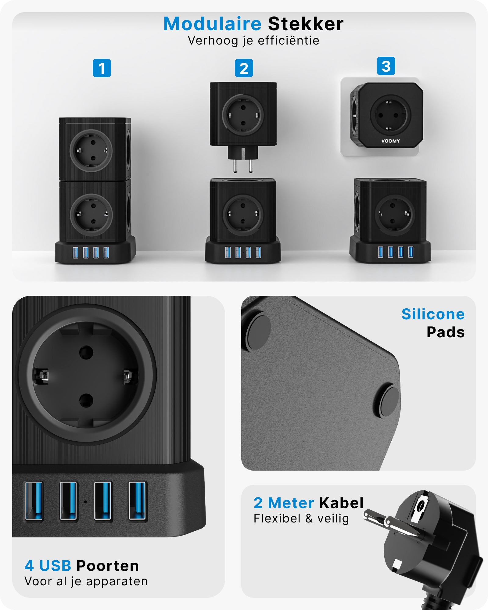 Voomy Power S10 - Cube Toren Stekkerdoos 4 USB A & 5/10 EU