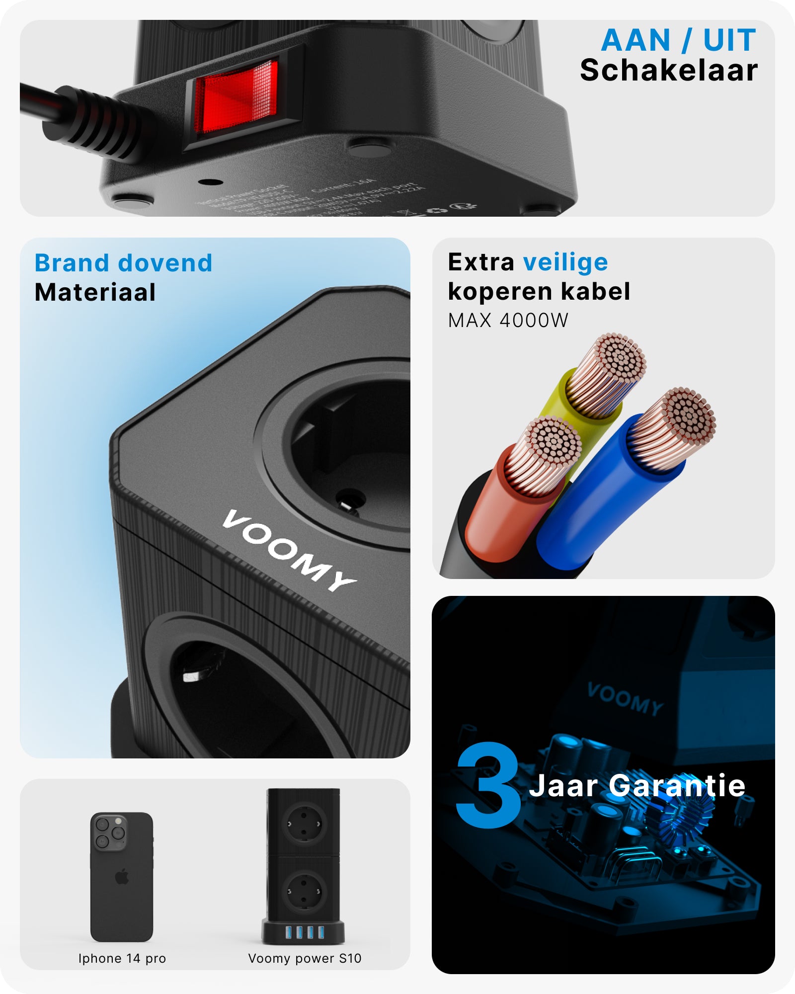Voomy Power S10 - Cube Toren Stekkerdoos 4 USB A & 5/10 EU