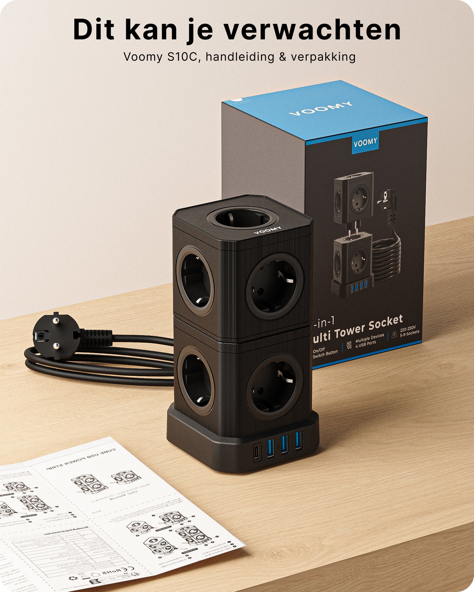 Voomy Power S10-C - Cube Toren Stekkerdoos - 1 USB-C, 3 USB-A & 10EU
