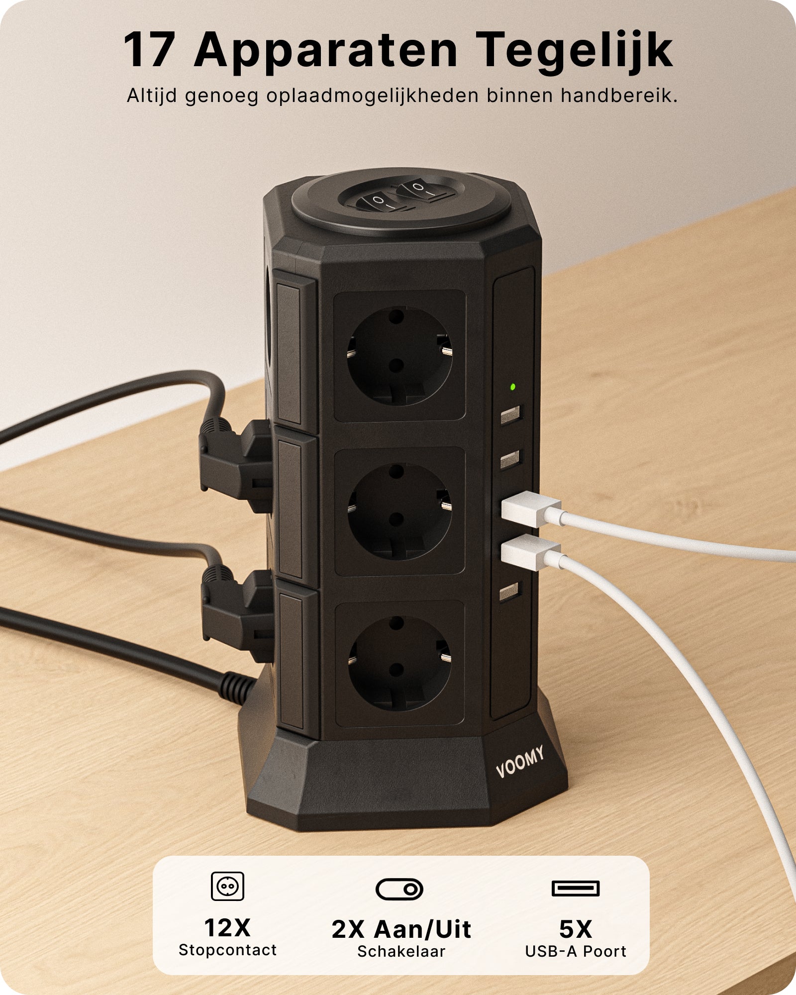 Voomy Power S12 - Toren Stekkerdoos 5 USB-A & 12 EU