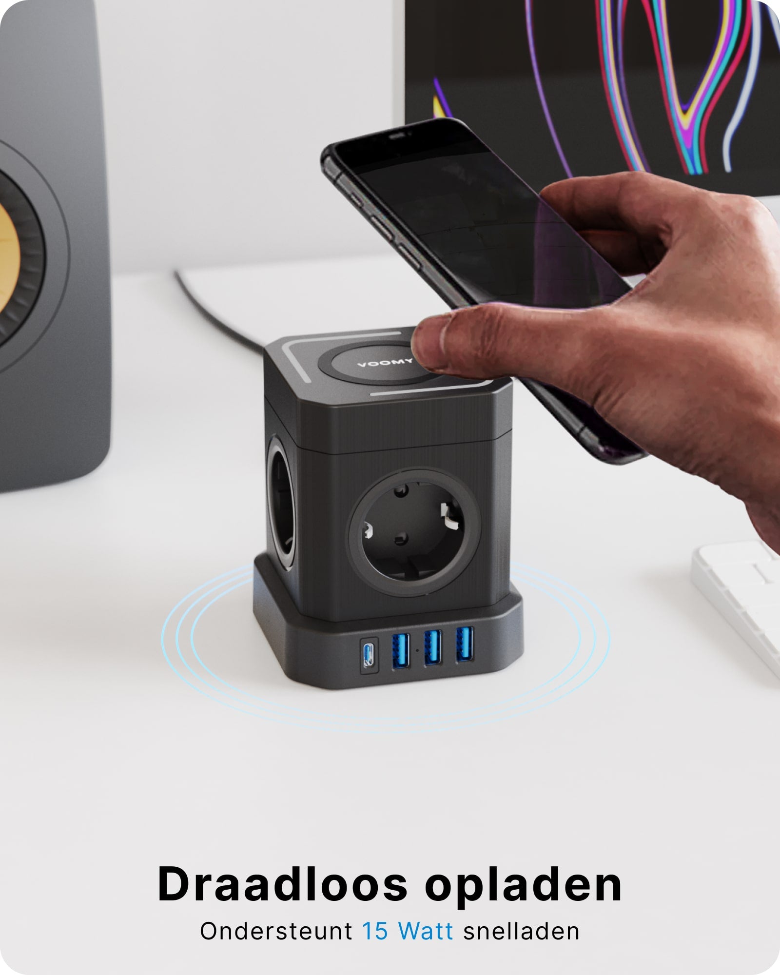 Voomy Power Cube S6-W - Stekkerdoos met draadloos opladen 1 USB-C & 3 USB-A 4000W Zwart