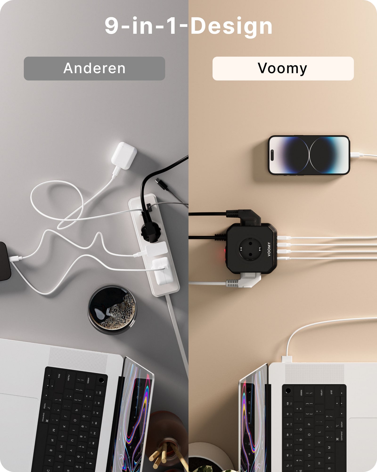 Voomy Power Cube S6-W - Stekkerdoos met draadloos opladen 1 USB-C & 3 USB-A 4000W Zwart
