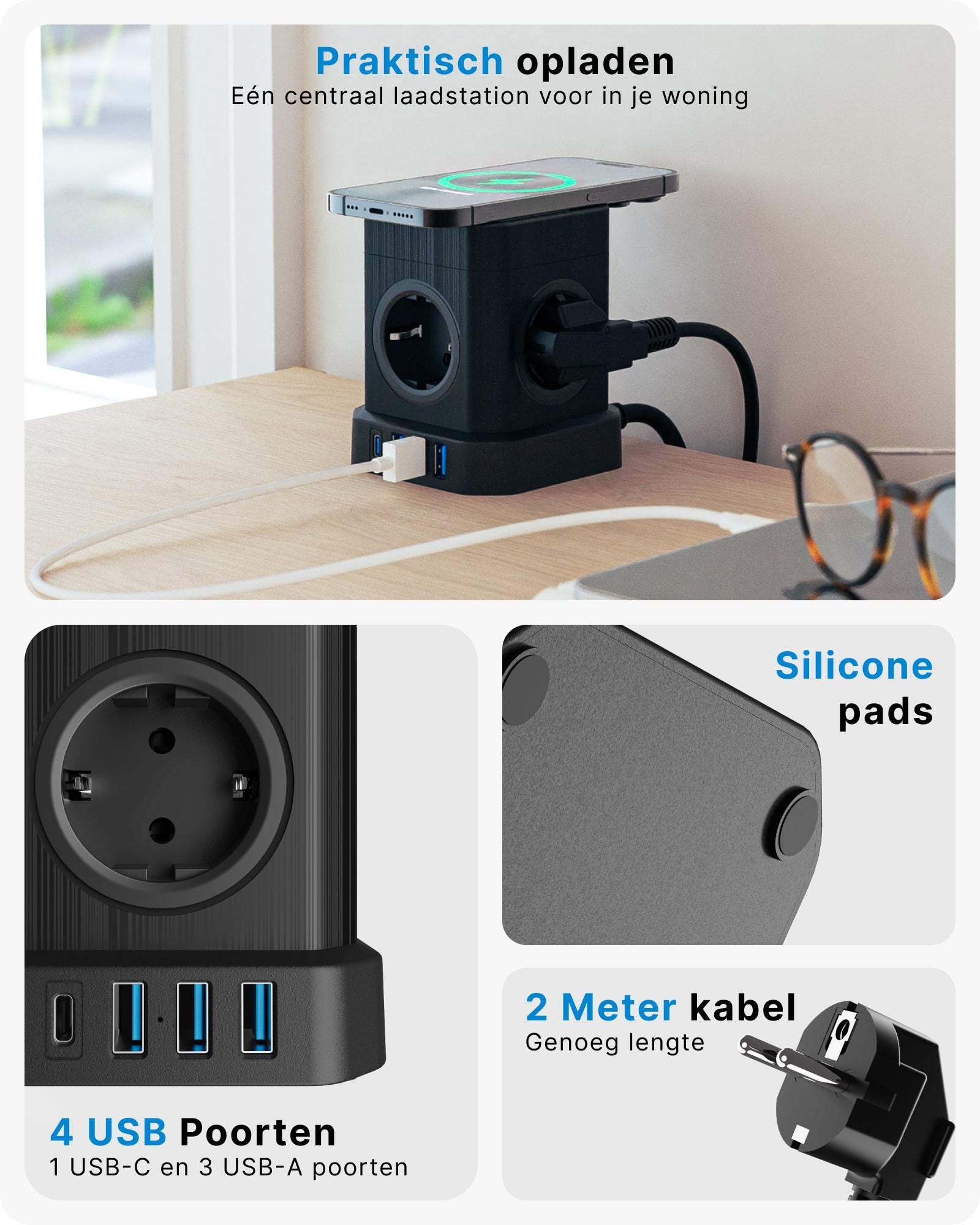 Voomy Power Cube S6-W - Stekkerdoos met draadloos opladen 1 USB-C & 3 USB-A 4000W Zwart