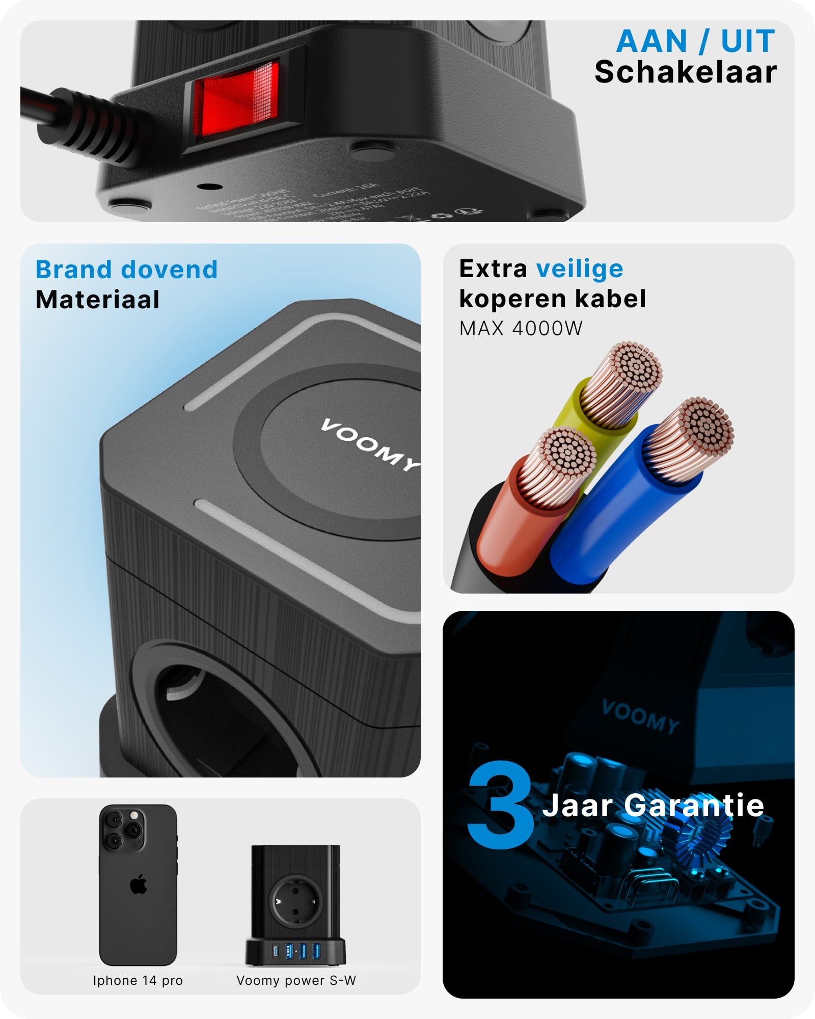 Voomy Power Cube S6-W - Stekkerdoos met draadloos opladen 1 USB-C & 3 USB-A 4000W Zwart