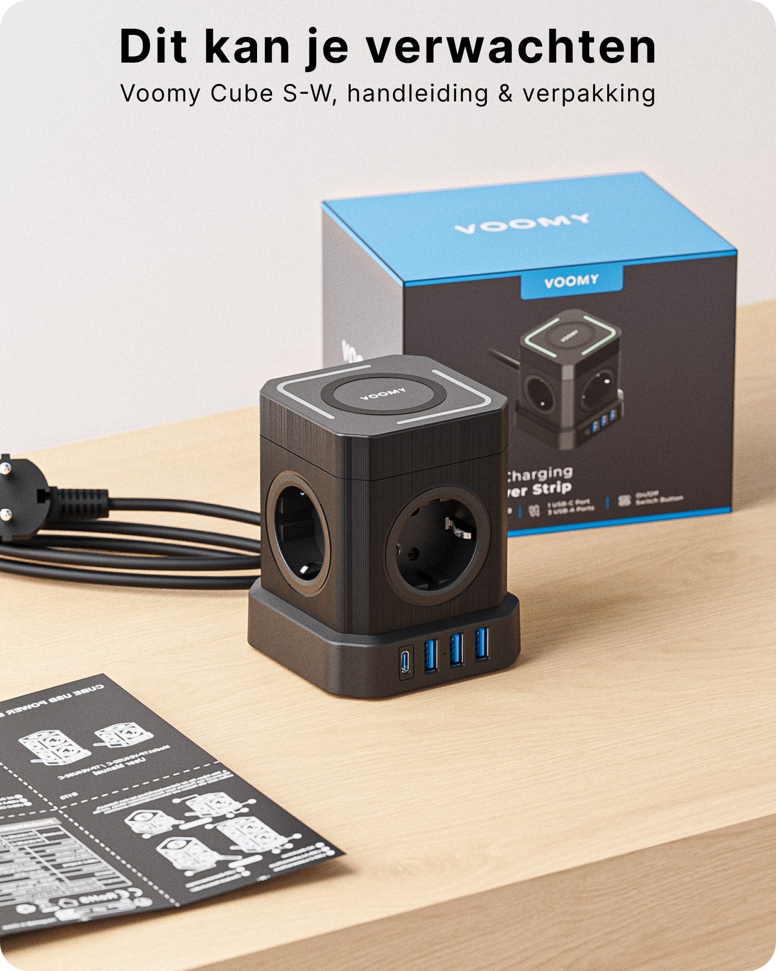 Voomy Power Cube S6-W - Stekkerdoos met draadloos opladen 1 USB-C & 3 USB-A 4000W Zwart