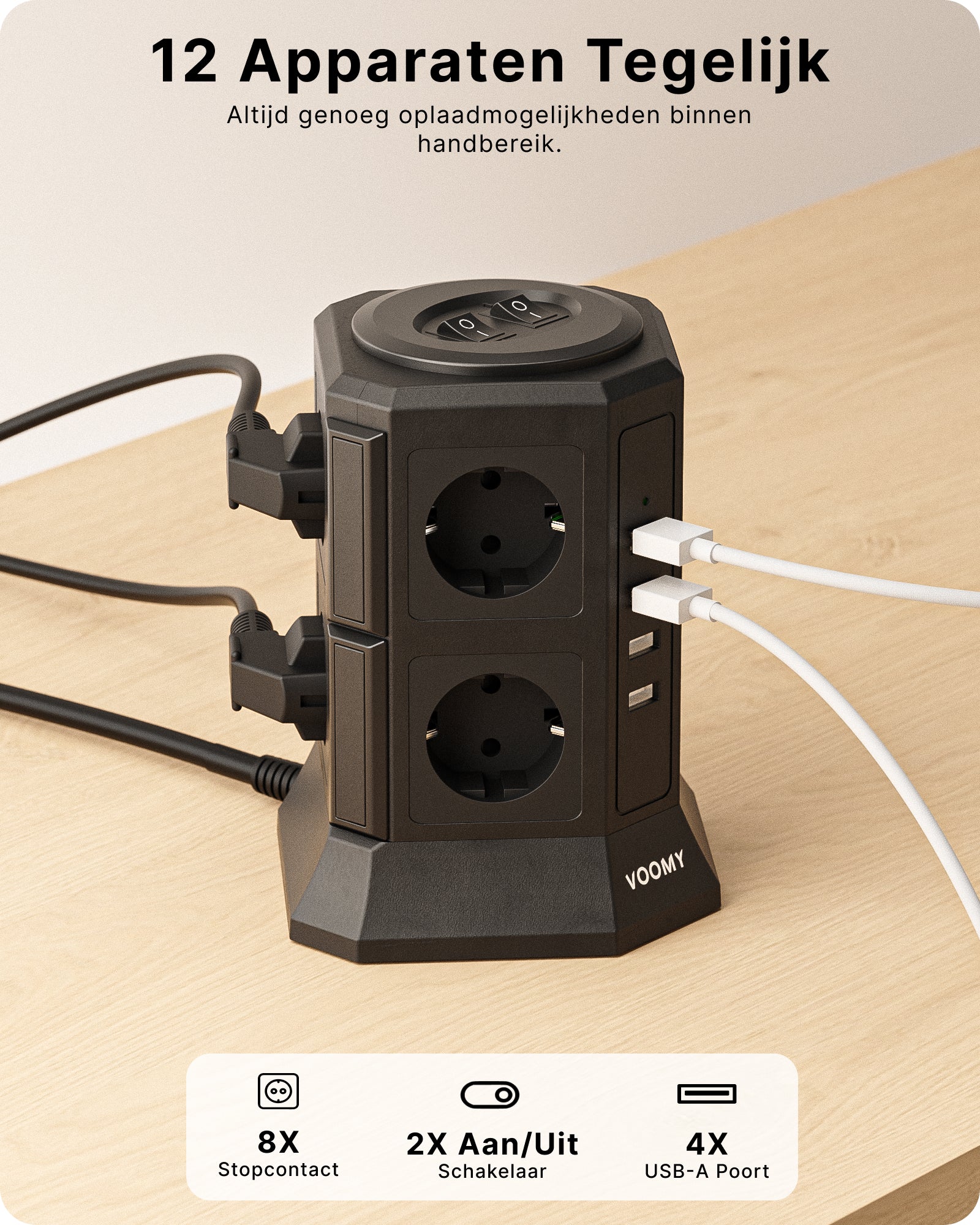 Voomy Power S8 - Toren Stekkerdoos 4 USB-A & 8 EU