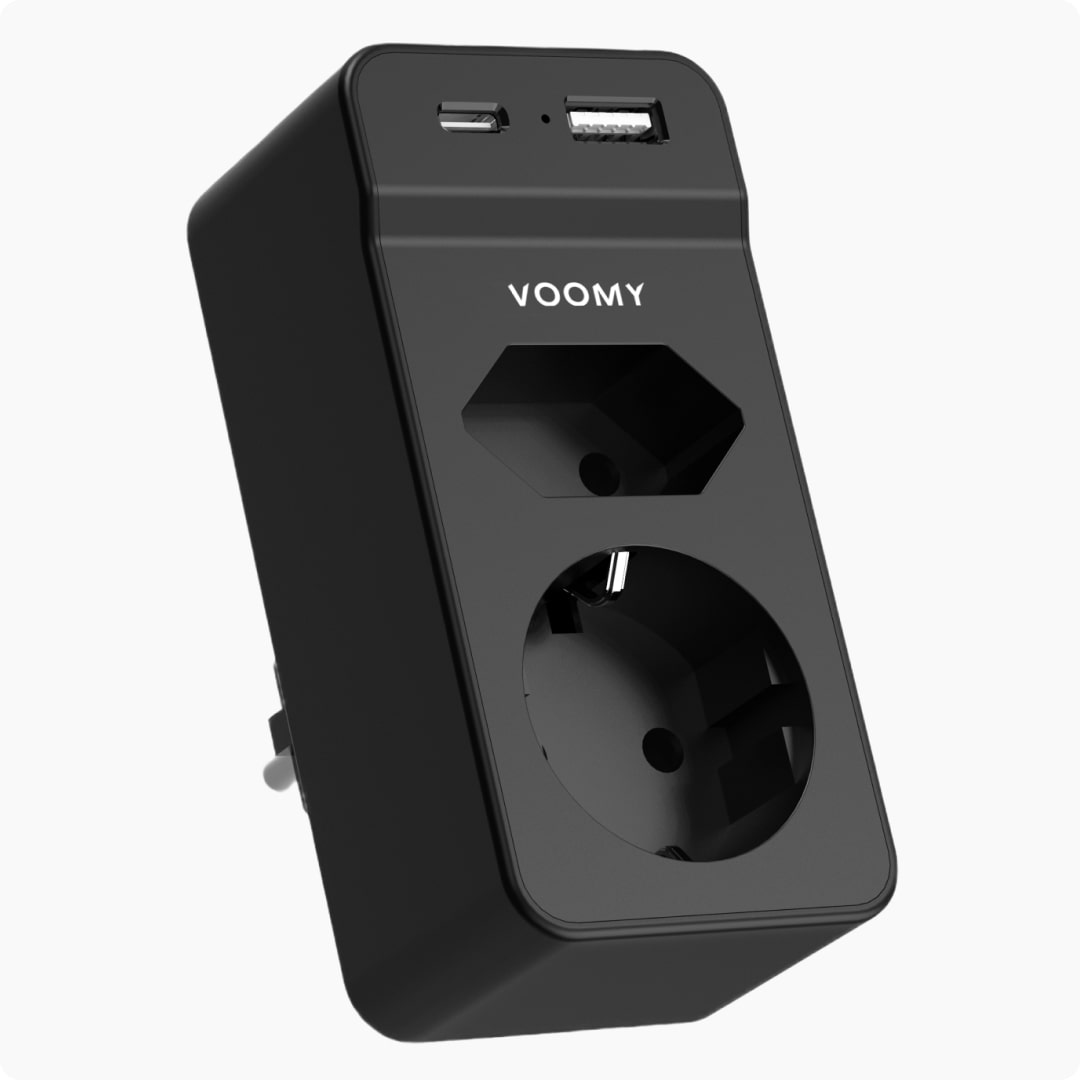 Voomy Split X2S - Verdeelstekker 1 USB-A 1 USB-C & 2 EU - Zwart
