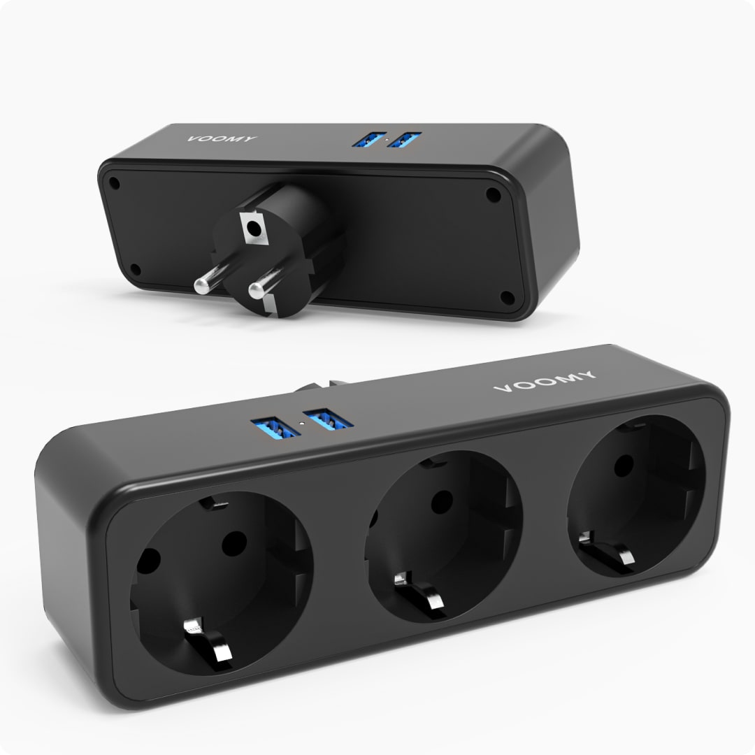 Voomy Split X3 - Verdeelstekker 2 USB-A & 3 EU - Zwart