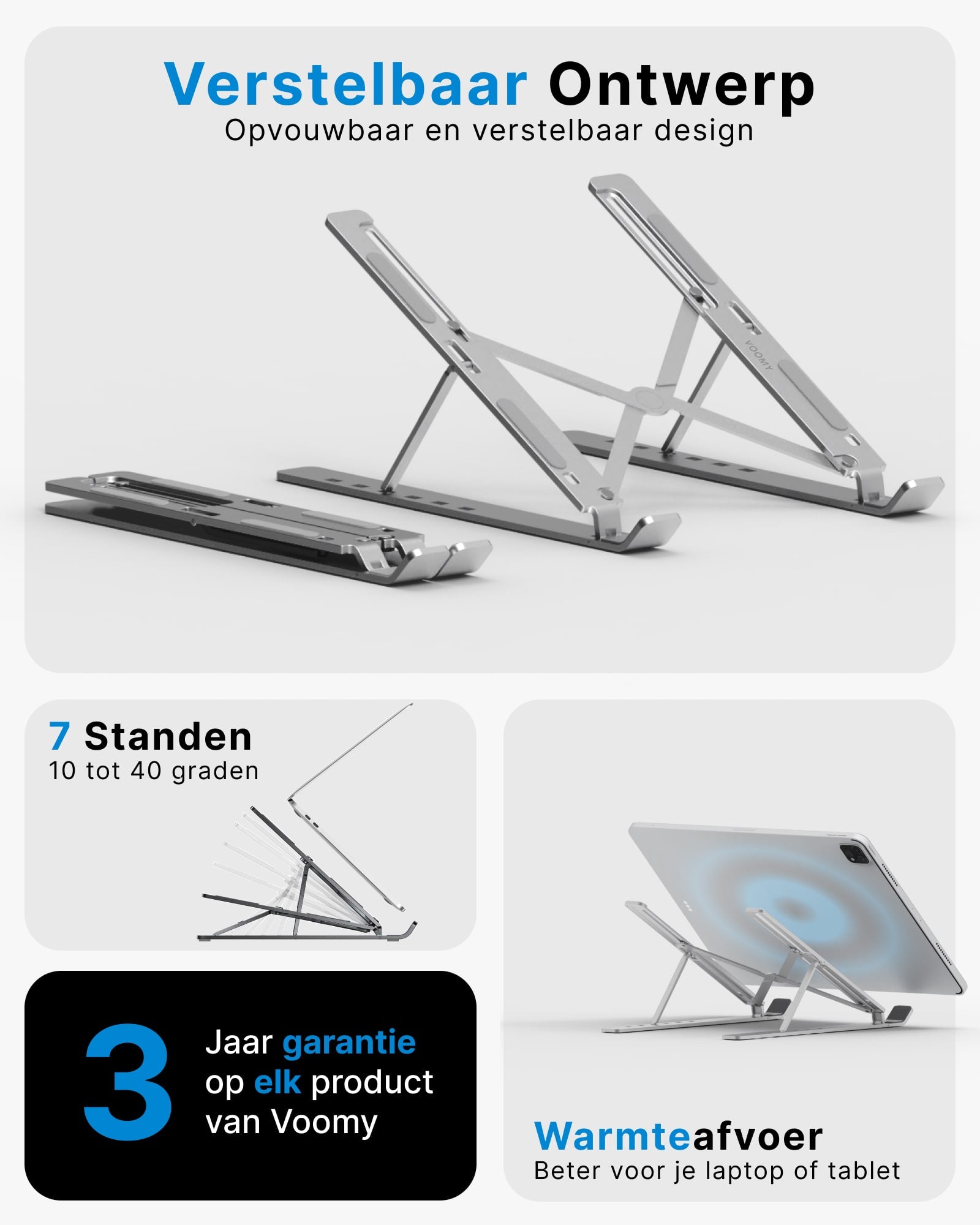 Voomy Office T3 - Laptop Standaard Verstelbaar - Ergonomisch - Aluminium Zilver