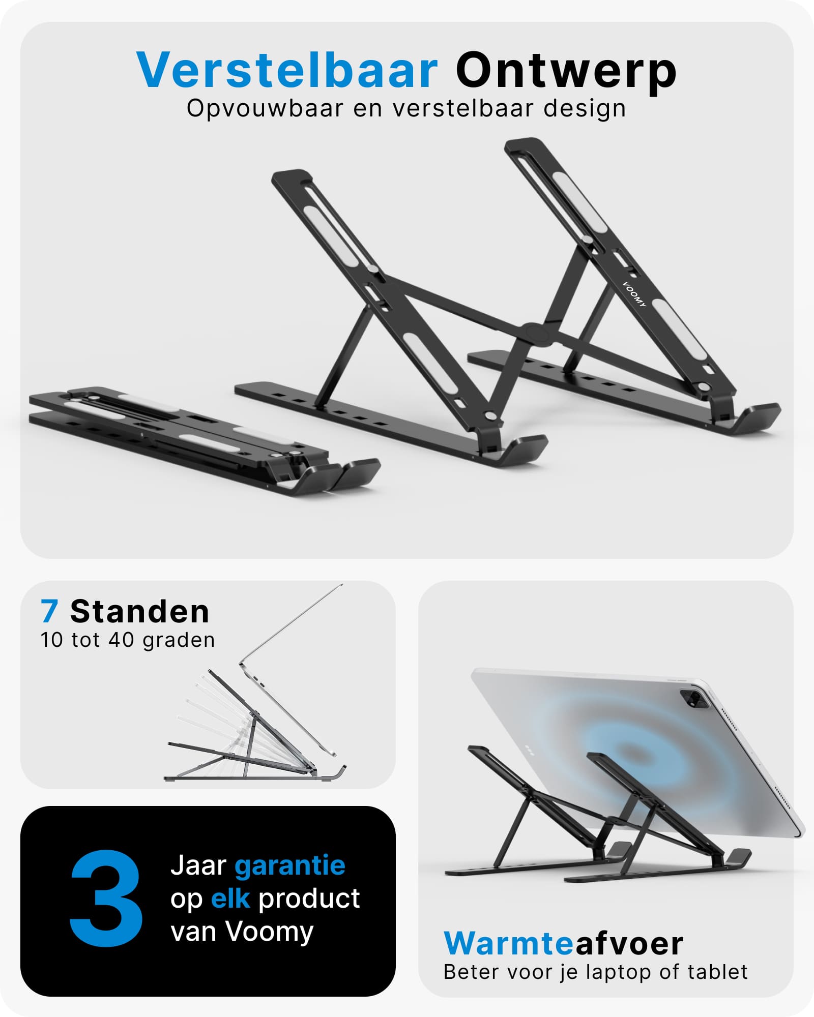 Voomy Office T3 - Laptop Standaard Verstelbaar - Ergonomisch - Aluminium Zwart