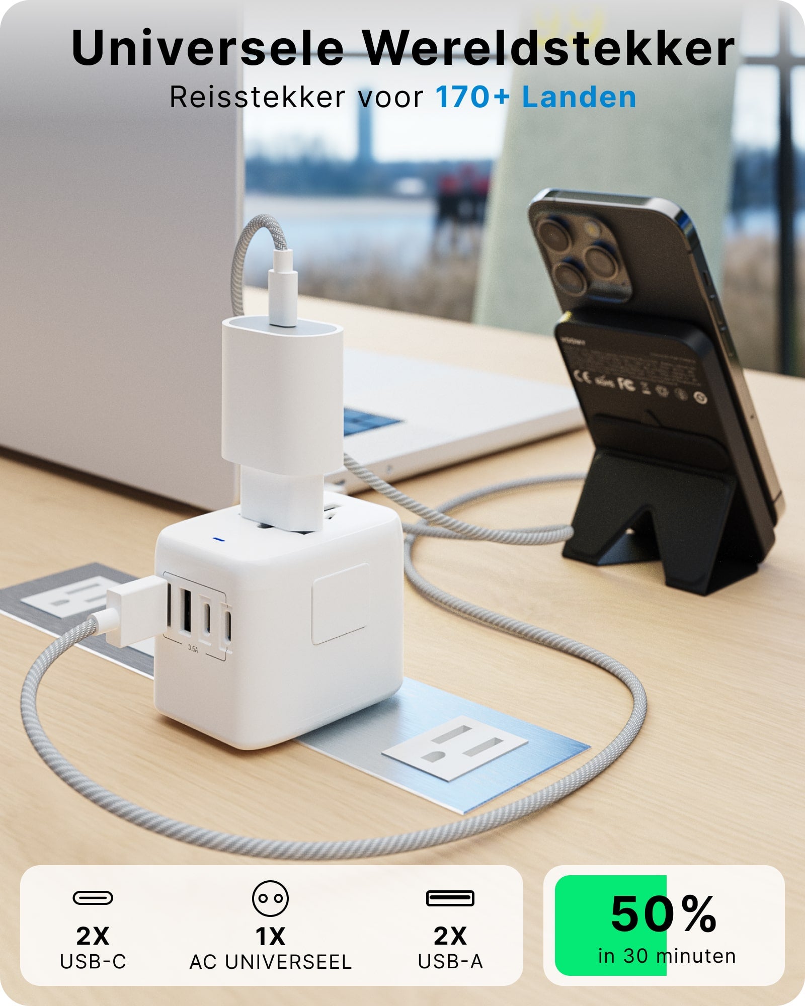 Voomy Travel Y25 - Reisstekker Wereld - 170+ Landen - 2 USB-A & 2 USB-C - Wereldstekker Universeel - Wit