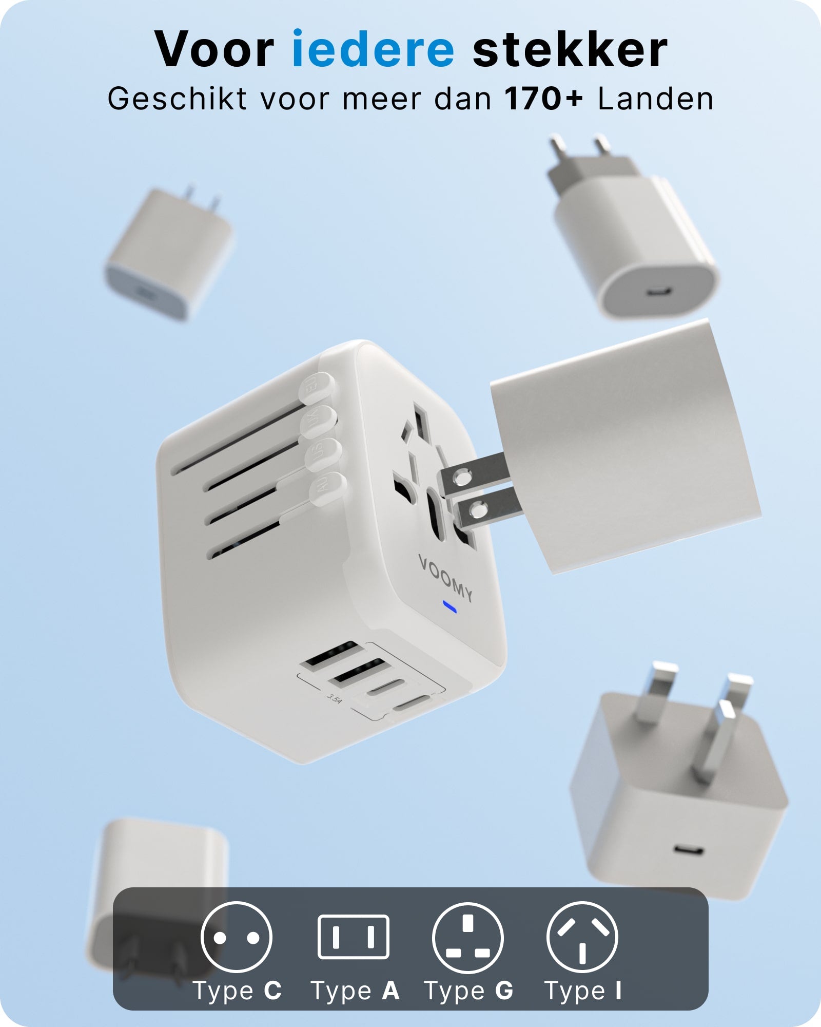 Voomy Travel Y25 - Reisstekker Wereld - 170+ Landen - 2 USB-A & 2 USB-C - Wereldstekker Universeel - Wit
