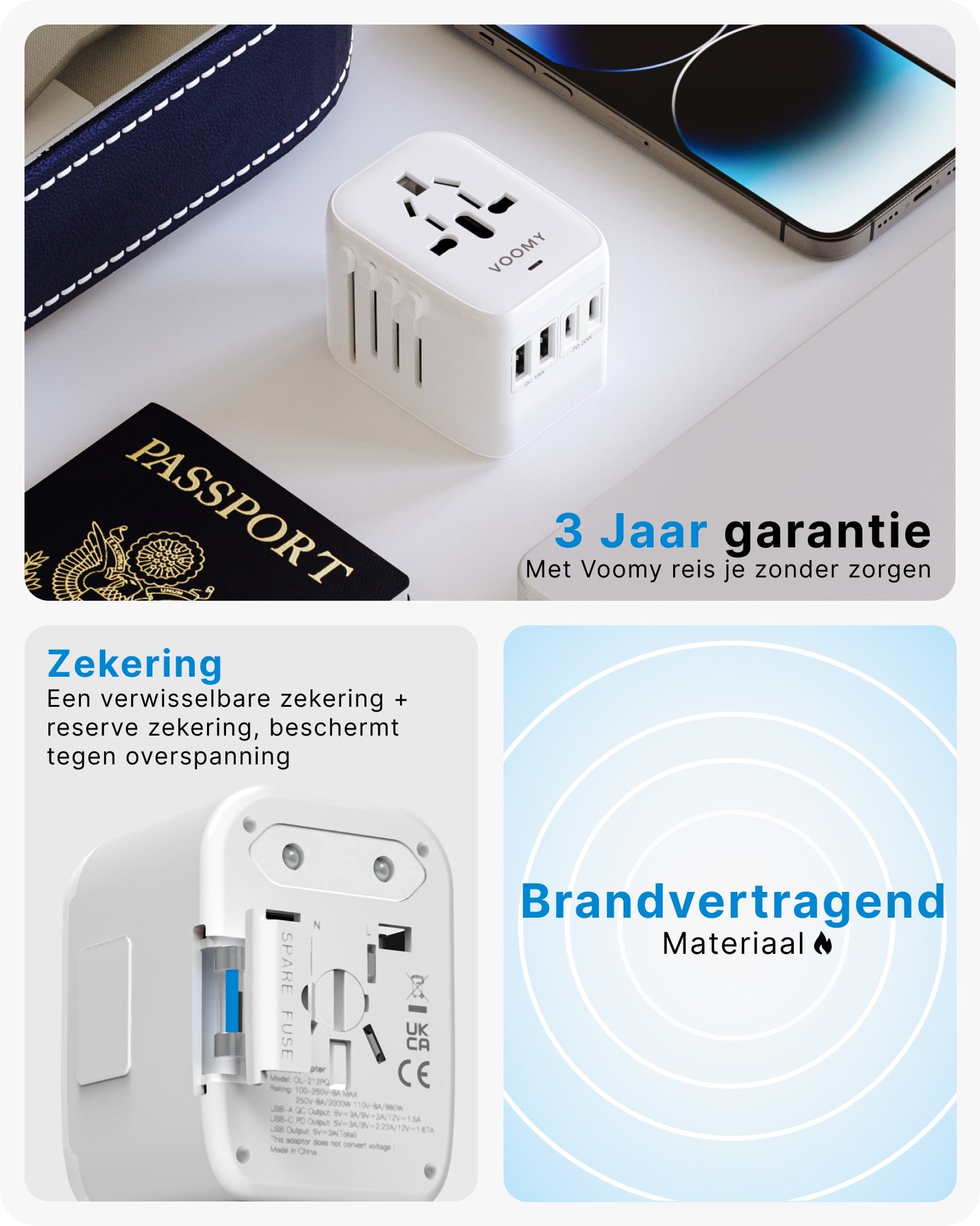 Voomy Travel Y25 - Reisstekker Wereld - 170+ Landen - 2 USB-A & 2 USB-C - Wereldstekker Universeel - Wit