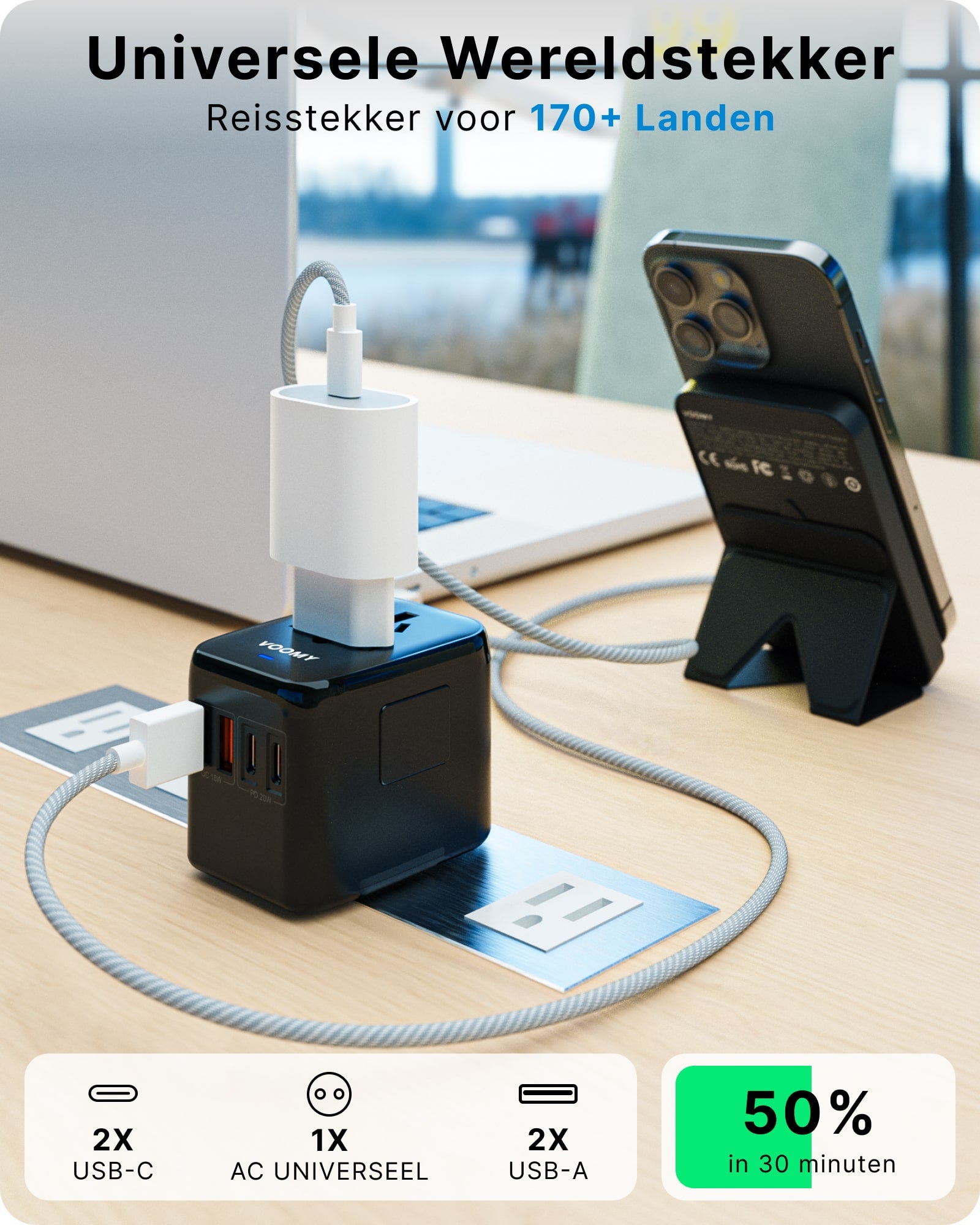 Voomy Travel Y26 - Reisstekker Wereld - 170+ Landen - 20W Snellader - 2 USB-A 2 USB-C PD poorten - Wereldstekker - Zwart