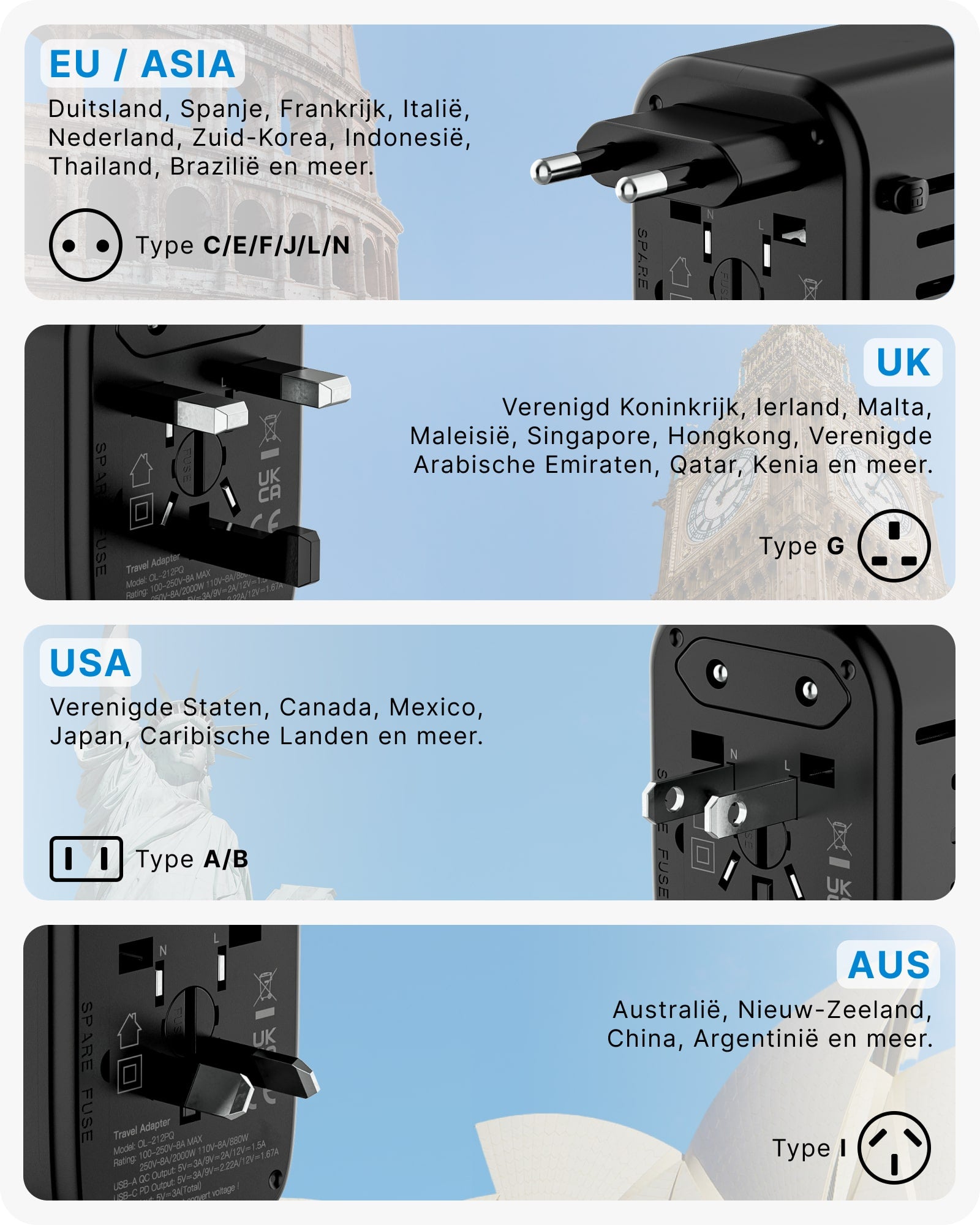 Voomy Travel Y26 - Reisstekker Wereld - 170+ Landen - 20W Snellader - 2 USB-A 2 USB-C PD poorten - Wereldstekker - Zwart