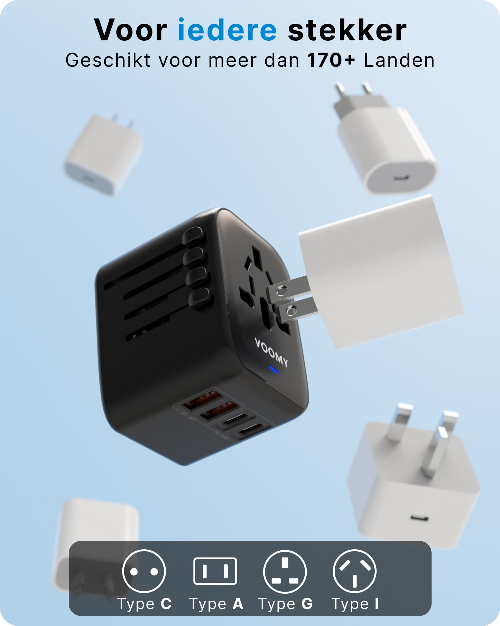 Voomy Travel Y26 - Reisstekker Wereld - 170+ Landen - 20W Snellader - 2 USB-A 2 USB-C PD poorten - Wereldstekker - Zwart
