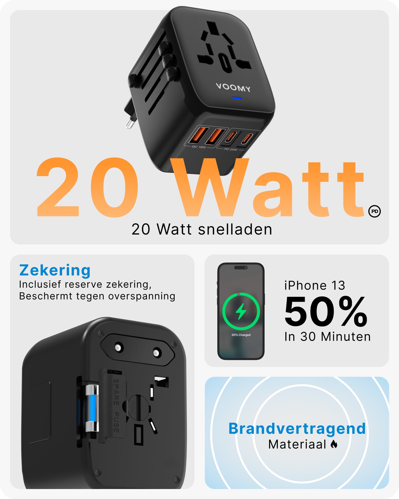 Voomy Travel Y26 - Reisstekker Wereld - 170+ Landen - 20W Snellader - 2 USB-A 2 USB-C PD poorten - Wereldstekker - Zwart