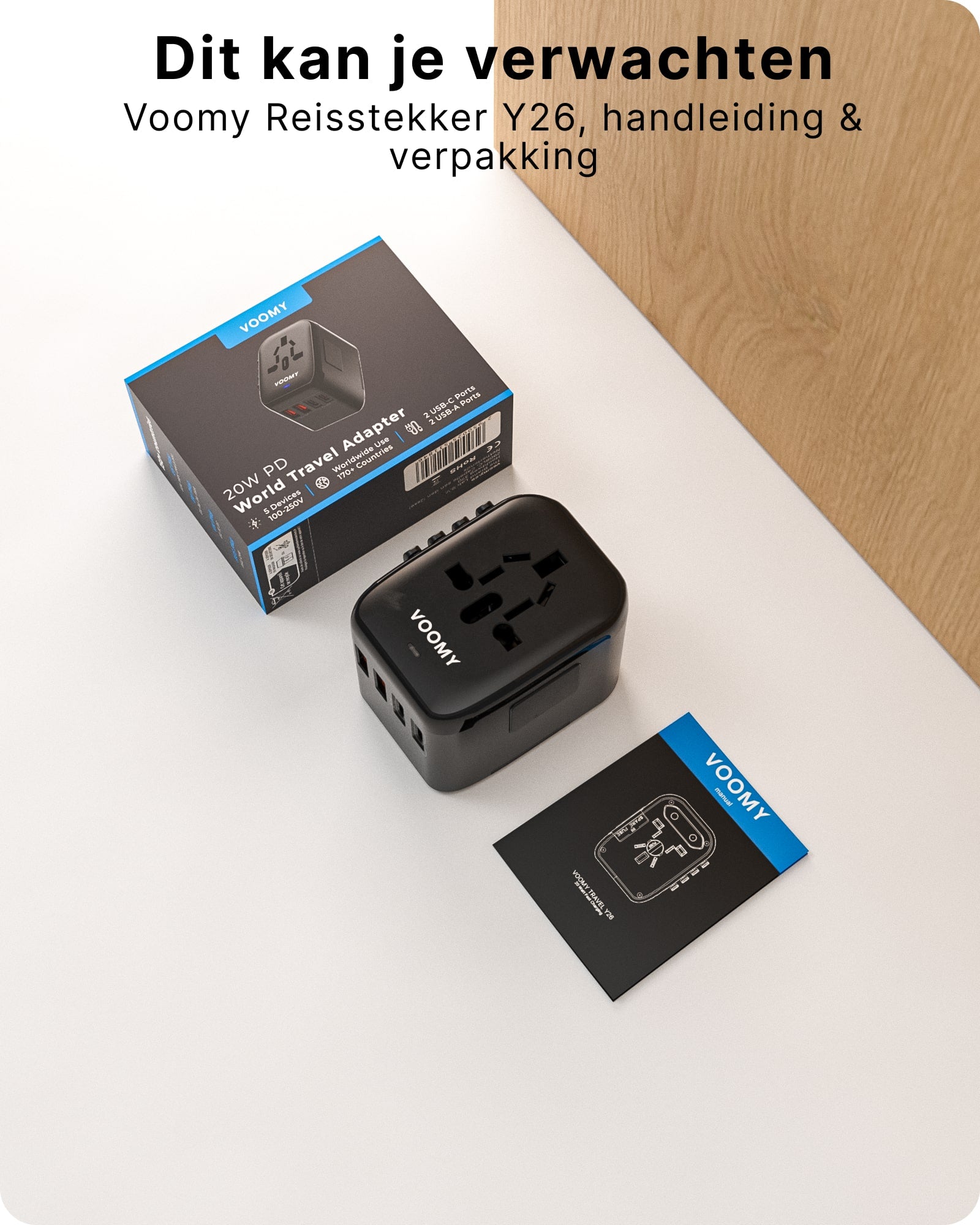 Voomy Travel Y26 - Reisstekker Wereld - 170+ Landen - 20W Snellader - 2 USB-A 2 USB-C PD poorten - Wereldstekker - Zwart
