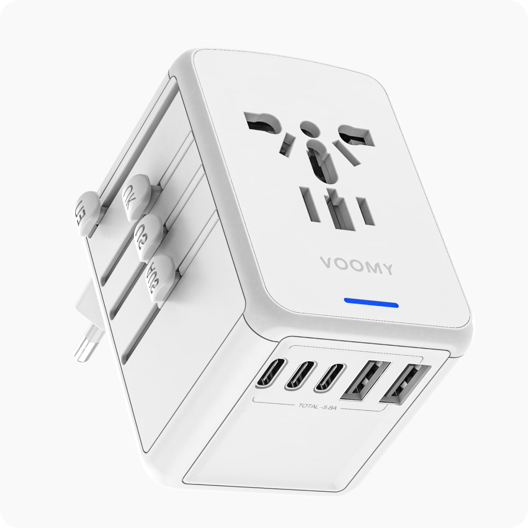 Voomy Travel Y29 - Reisstekker Wereld - 170+ Landen - 2 USB-A & 3 USB-C - Wereldstekker Universeel - Wit