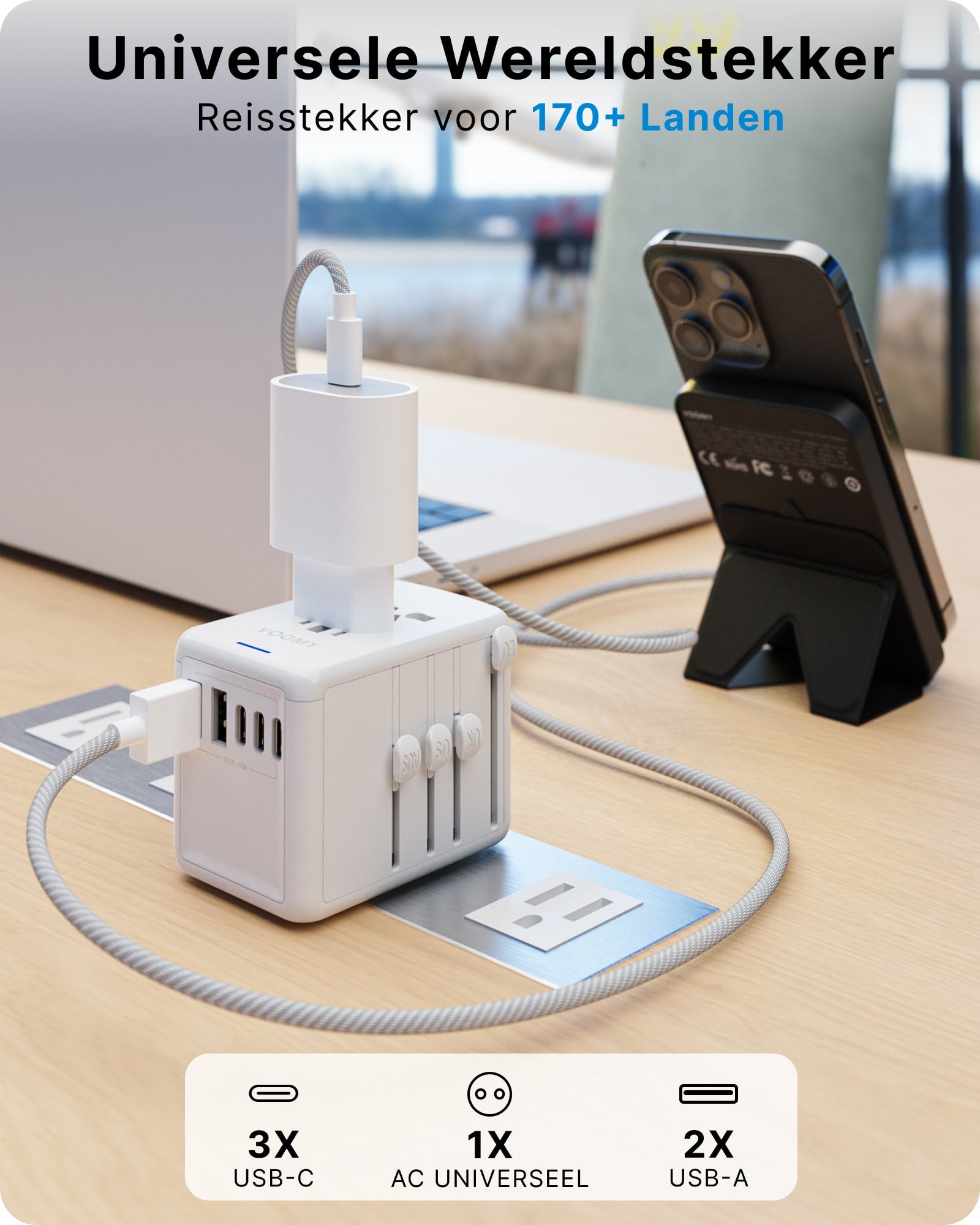 Voomy Travel Y29 - Reisstekker Wereld - 170+ Landen - 2 USB-A & 3 USB-C - Wereldstekker Universeel - Wit